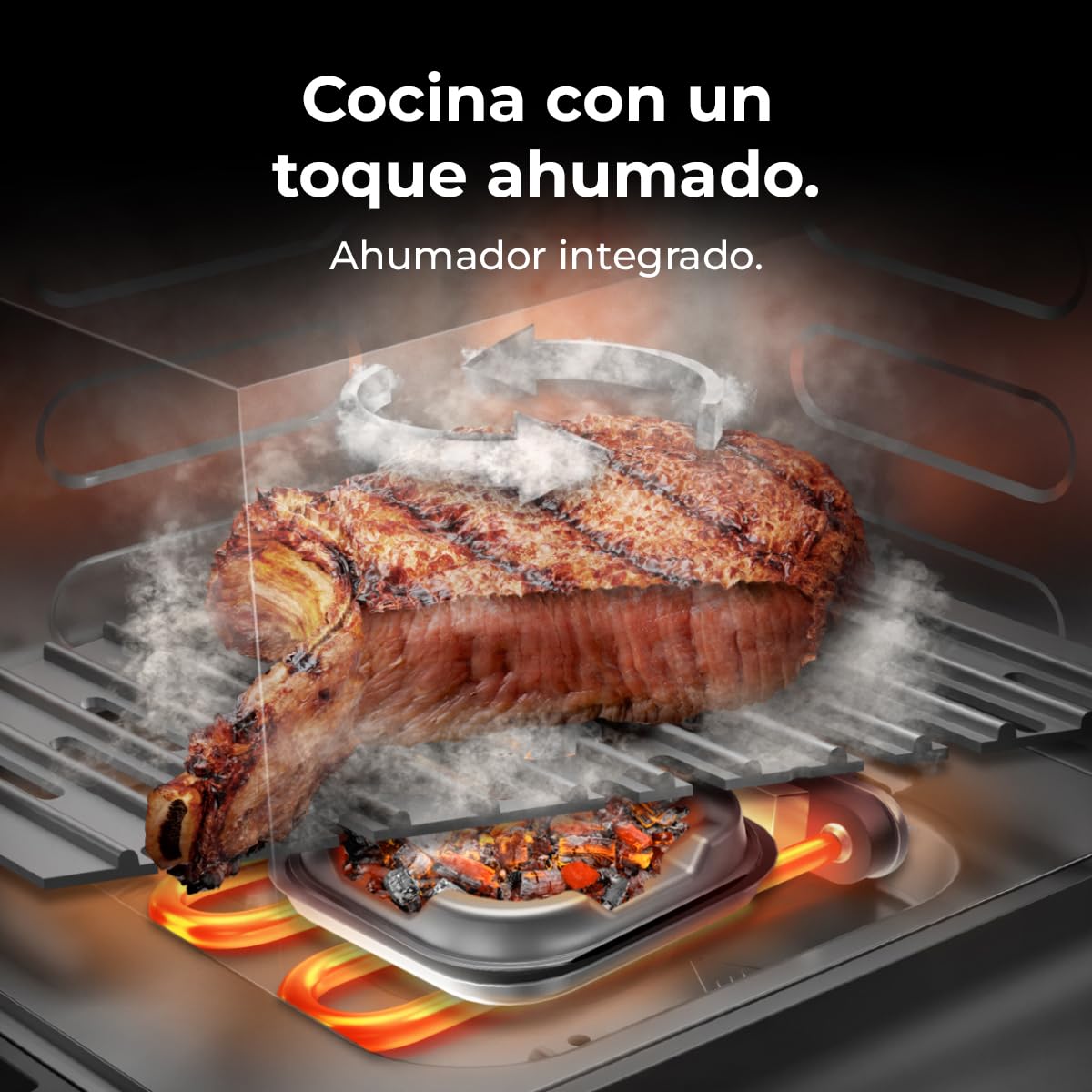 Cecofry&Grill Smokin' 8500 Plus cocinando carne ahumada con brasas y circulación de aire caliente