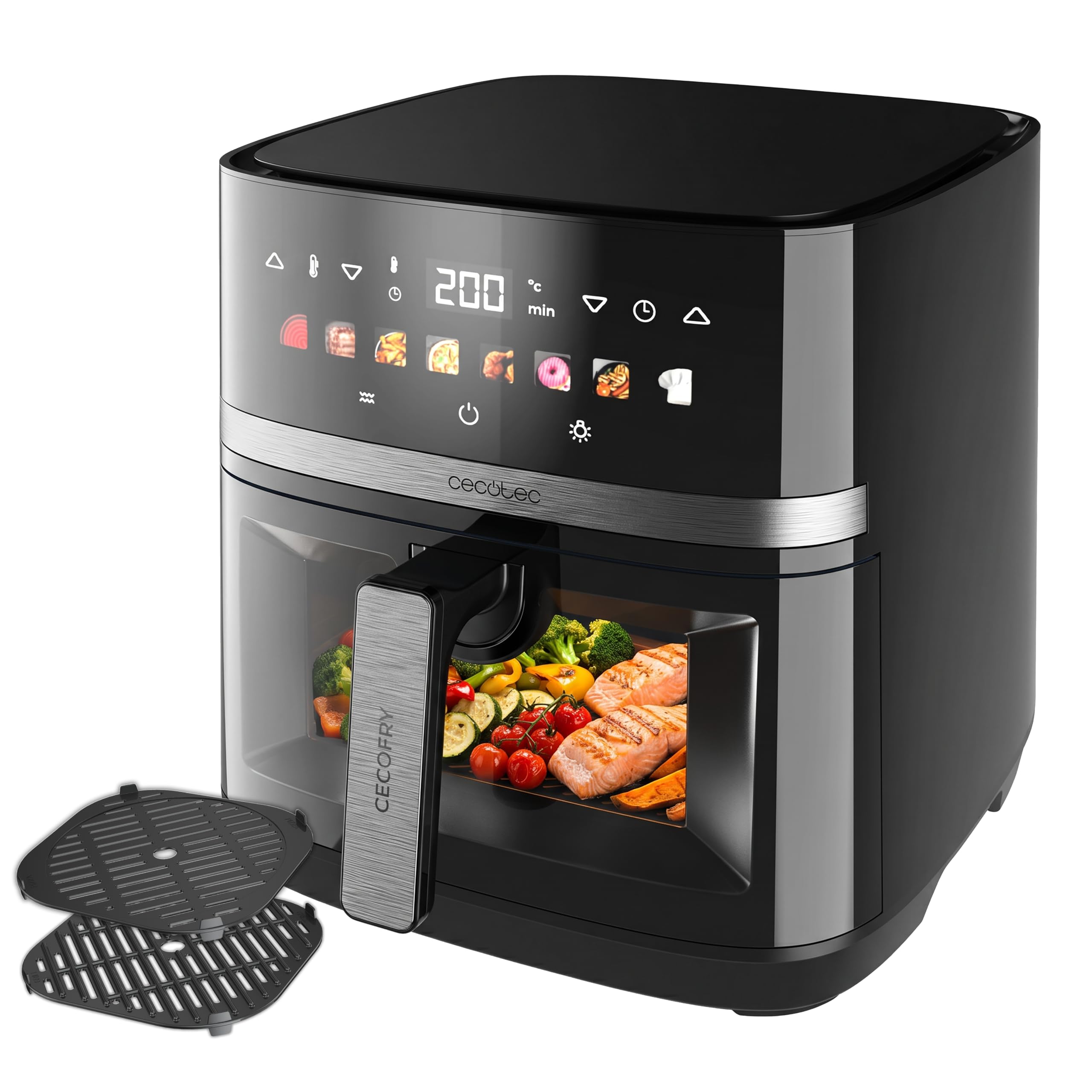 Freidora de aire Cecotec Cecofry Duoheat 6500 Plus negra con panel digital táctil y ventana de visualización mostrando alimentos cocinados.