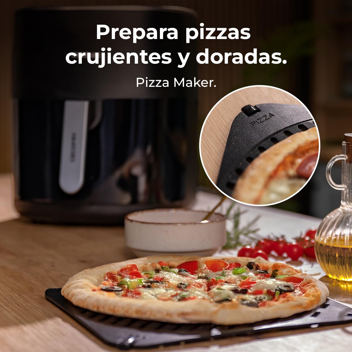Cecotec Cecofry Grill Duoheat 6500 Plus preparando una pizza crujiente con función pizza maker.