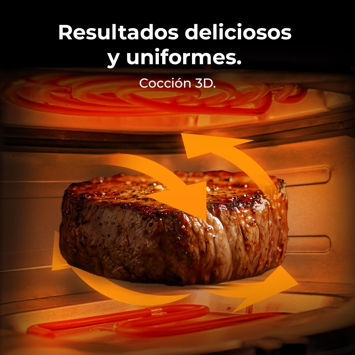 Filete de carne cocinándose uniformemente en freidora de aire Cecotec con tecnología de cocción 3D y doble resistencia.
