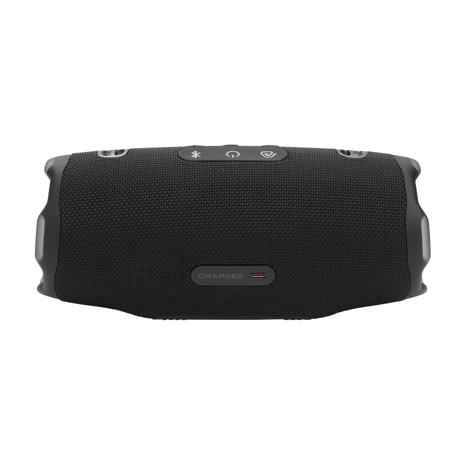 Altavoz Bluetooth portátil JBL Charge 6 en color negro con botones de control y puerto USB-C.