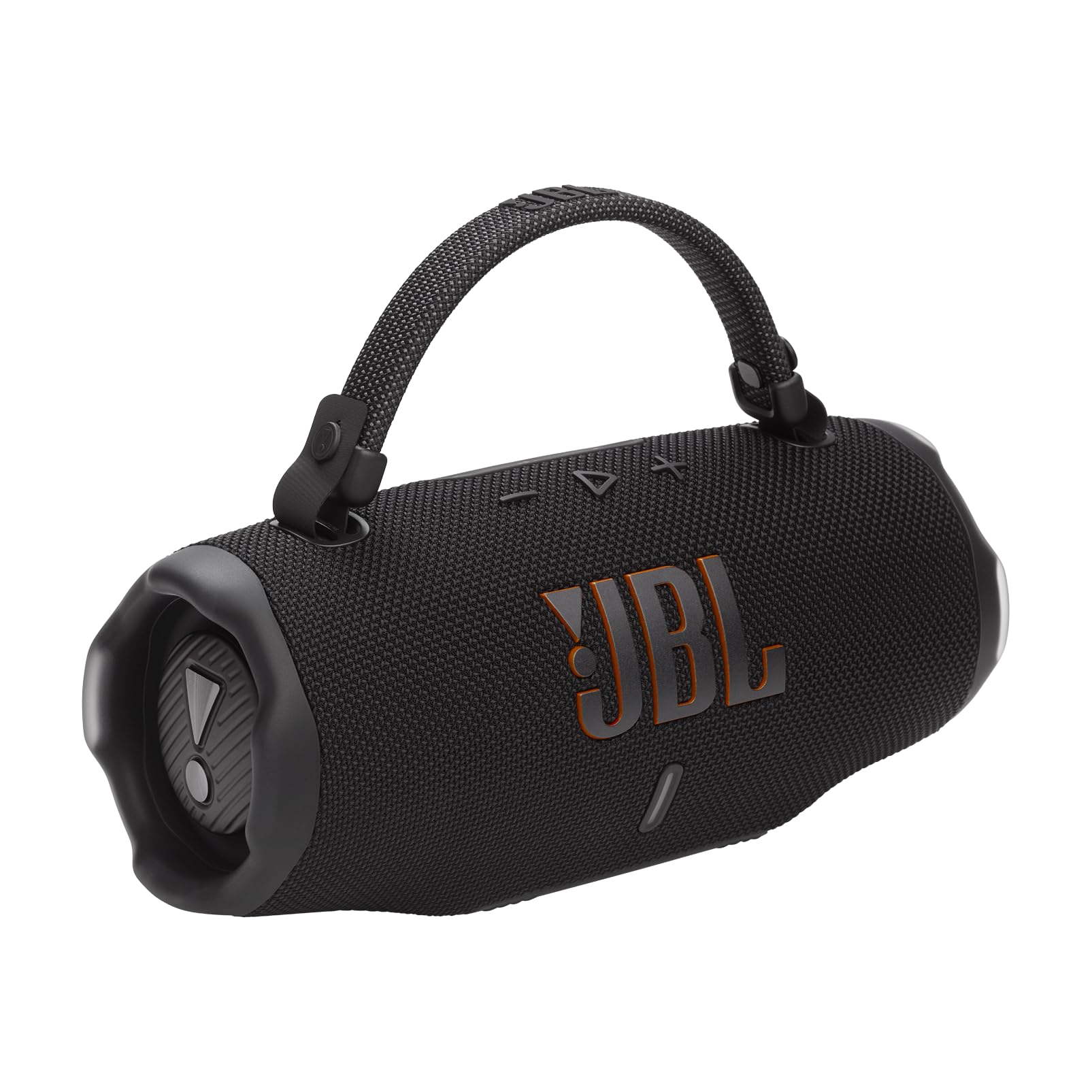 Altavoz Bluetooth portátil JBL Charge 6 negro con correa y diseño resistente al agua.