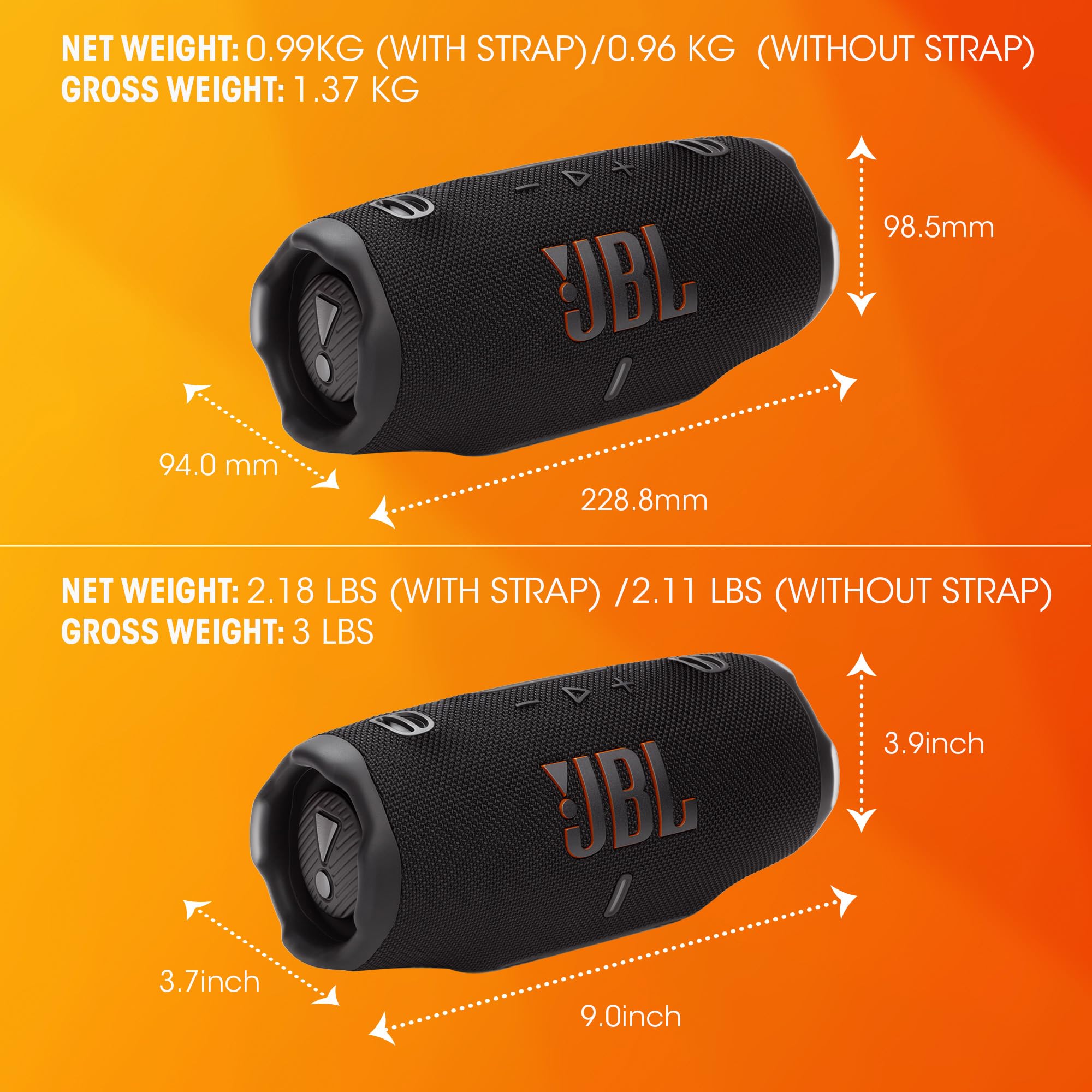 Altavoz Bluetooth JBL Charge 6 negro con dimensiones y peso detallados sobre fondo naranja.