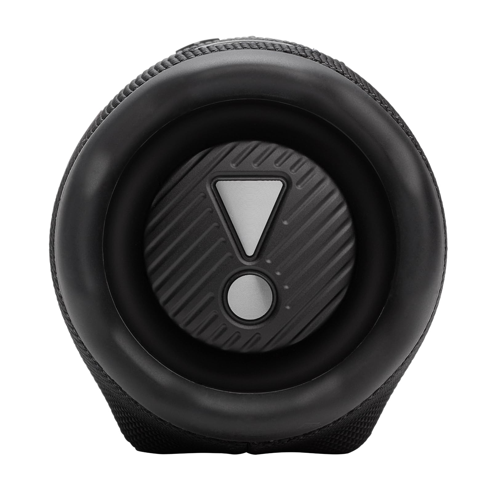 Vista cenital del altavoz JBL Charge 6 negro con radiador pasivo y logo plateado