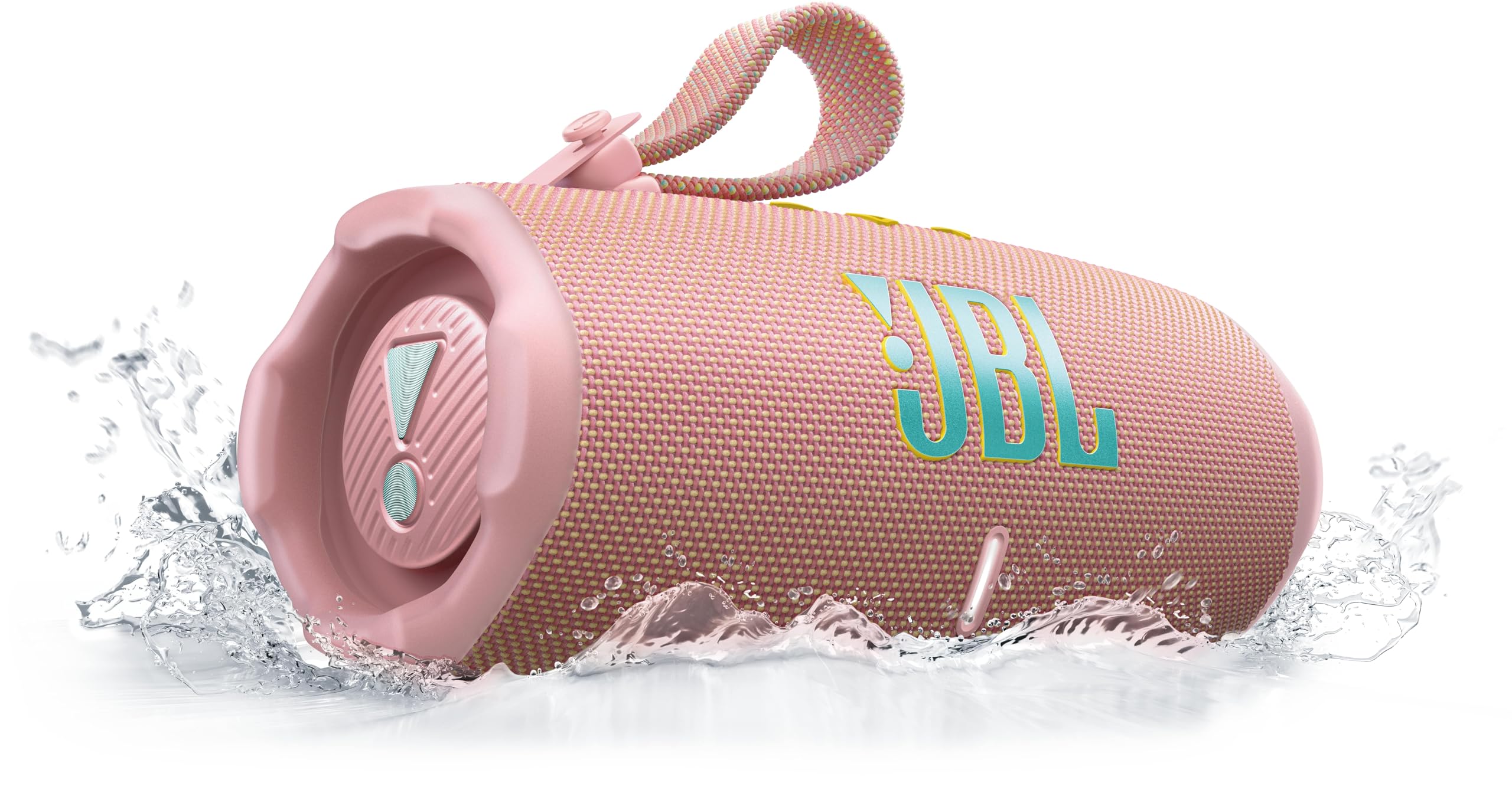 Altavoz Bluetooth JBL Charge 6 rosa resistente al agua con correa trenzada, mostrando protección IP68.