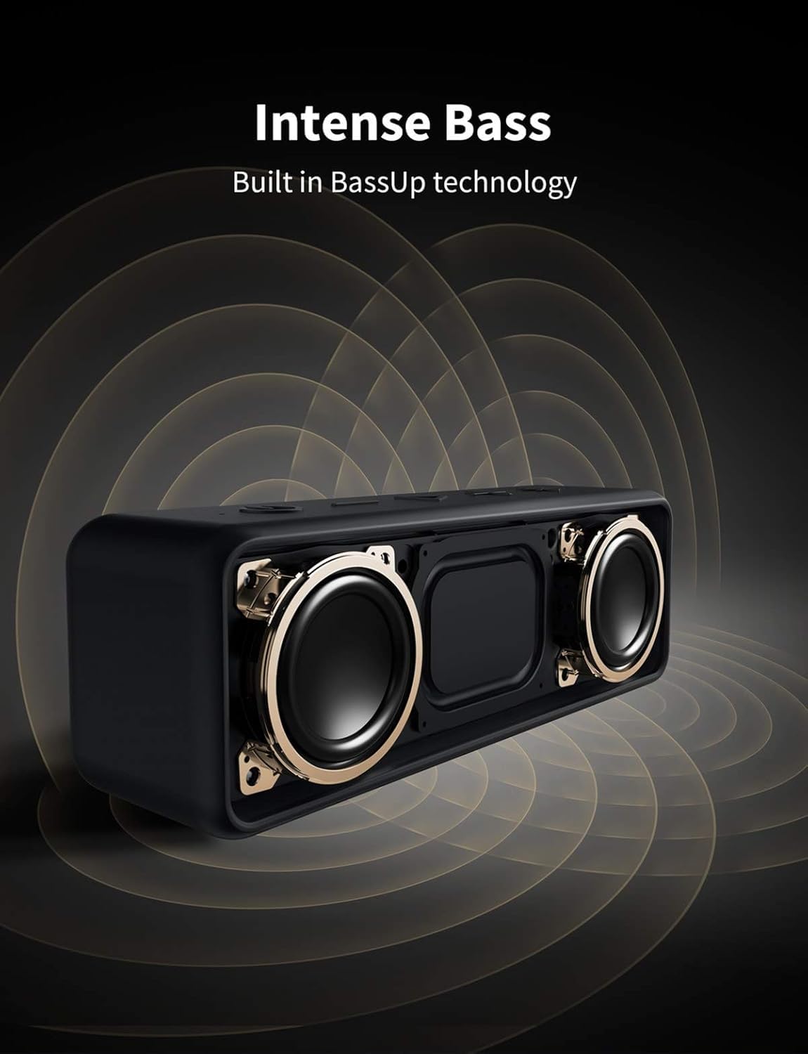 Altavoz Anker Soundcore 2 con tecnología BassUp y dos controladores visibles emitiendo ondas de graves
