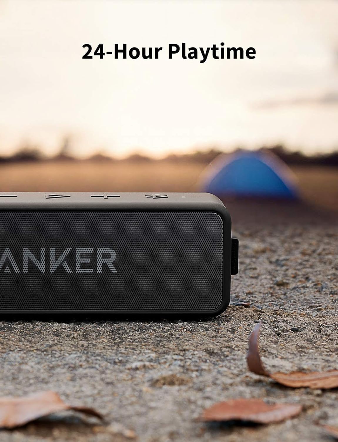 Altavoz Anker Soundcore 2 negro sobre grava con texto 24-Hour Playtime