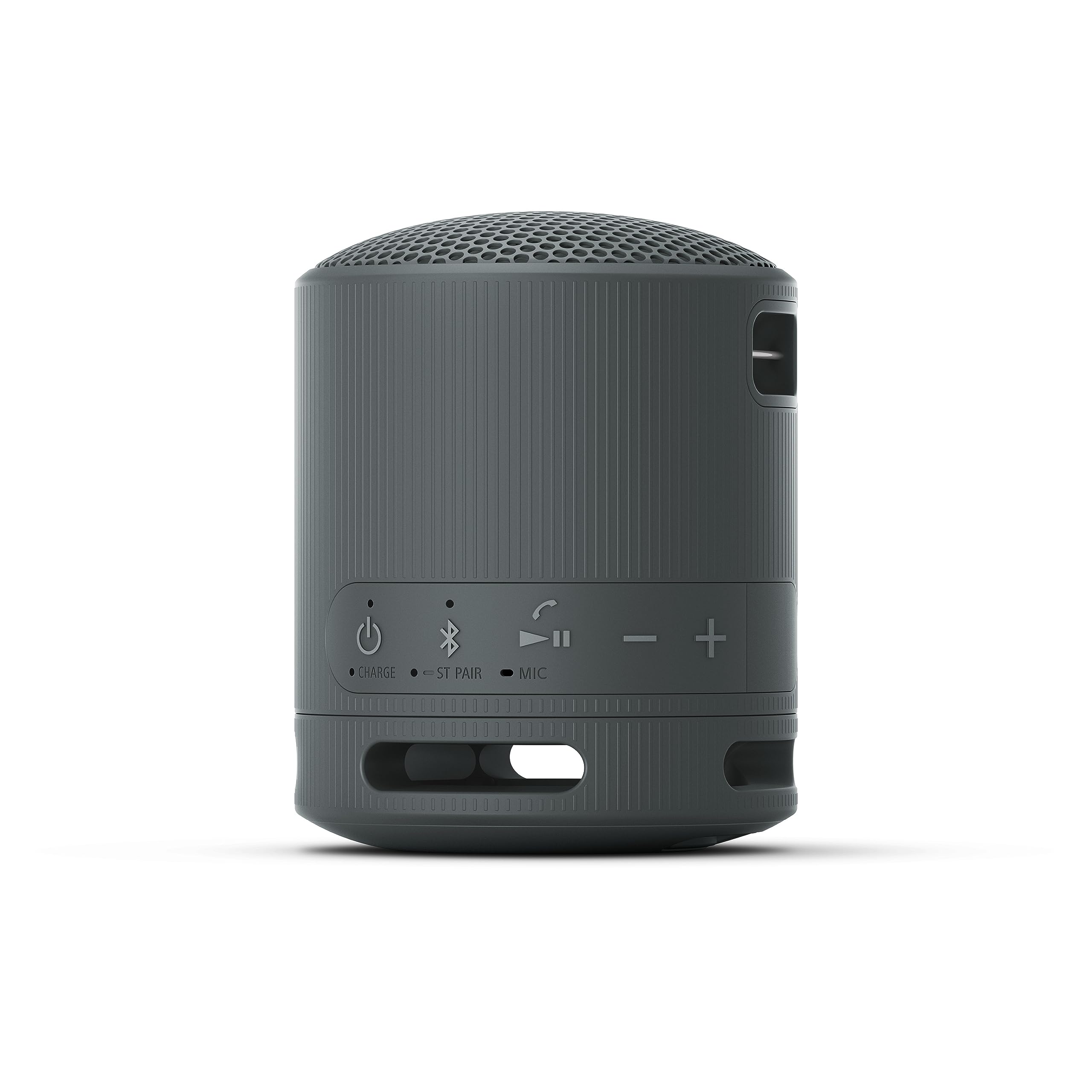 Altavoz Bluetooth Sony SRS-XB100 negro compacto y portátil con botones de control y correa adaptable
