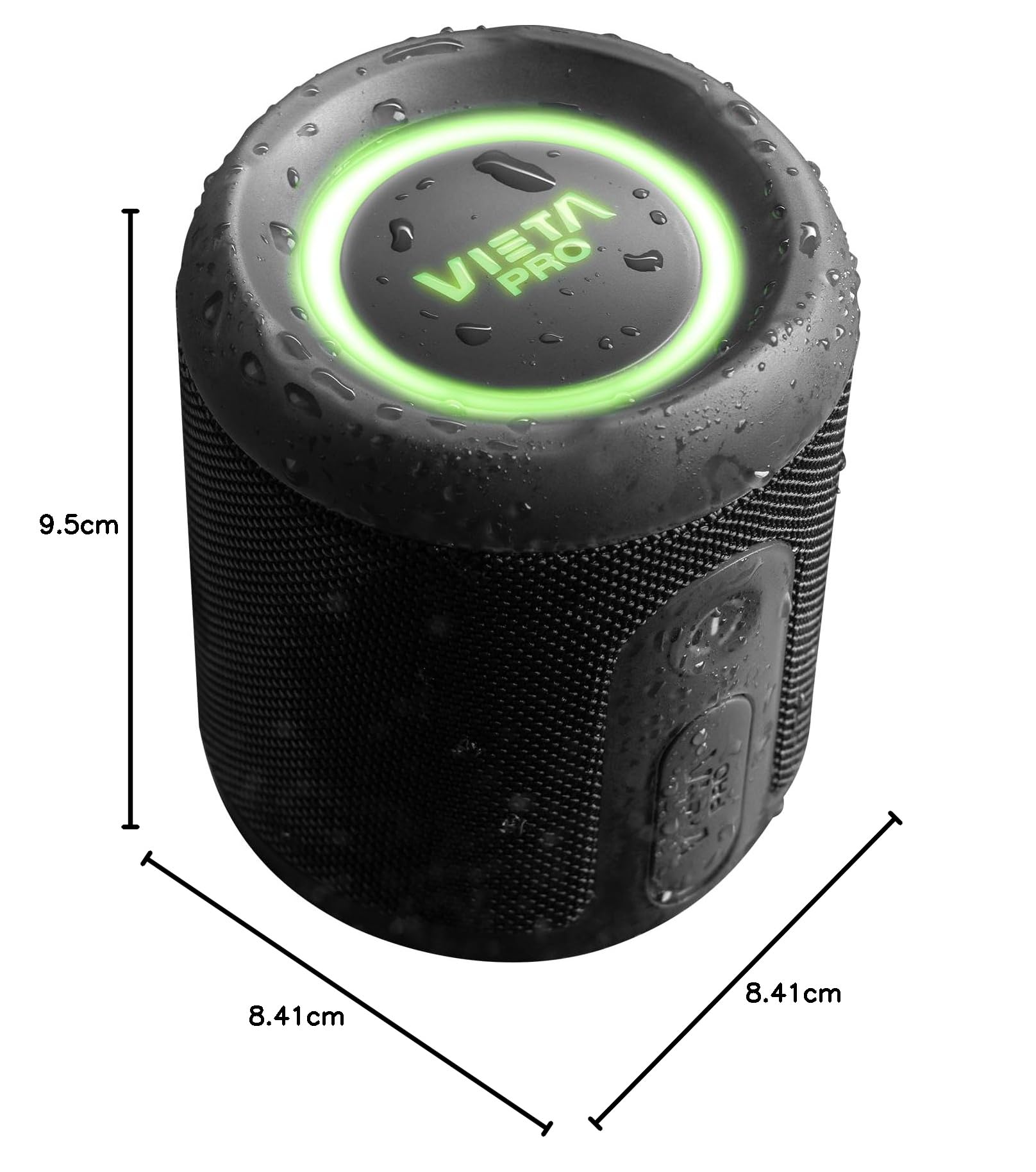 Altavoz Bluetooth Vieta Pro Easy 4 negro con luces RGB verdes, impermeable IPX7 y medidas 9.5cm x 8.41cm