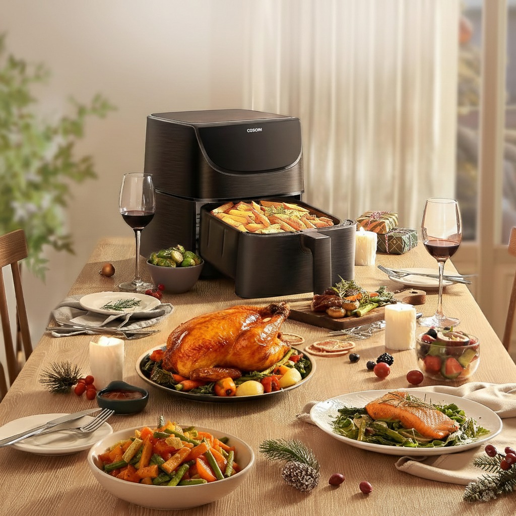 Freidora de aire Cosori negra con pavo asado y comida casera servida en mesa de madera.