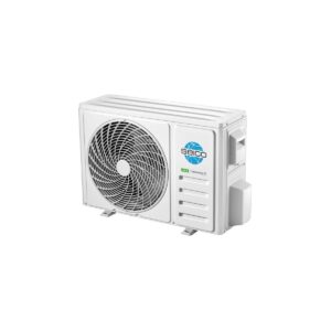 Unidad exterior de aire acondicionado split blanca con ventilador y rejilla