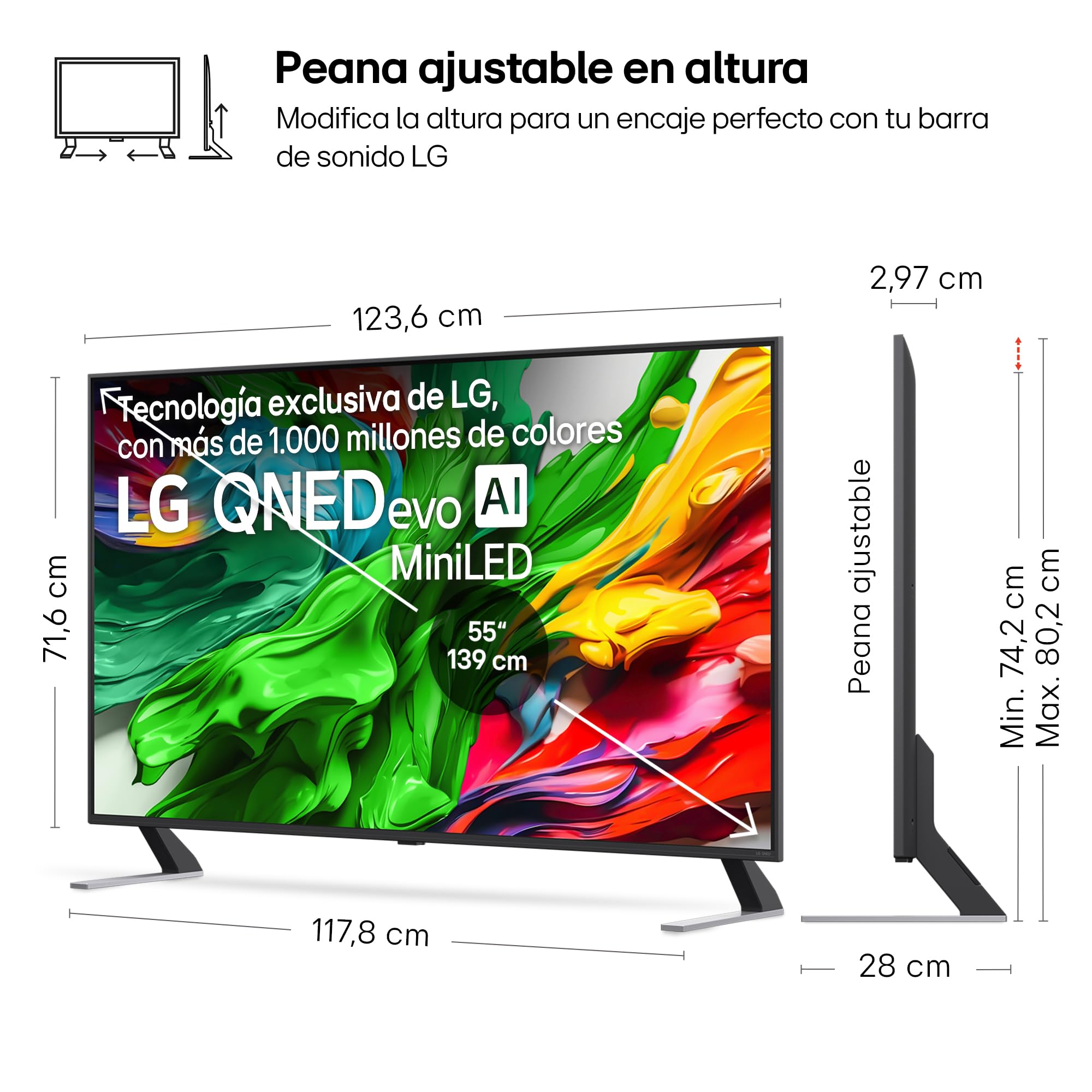 Diagrama técnico del Smart TV LG QNED evo MiniLED 55 pulgadas con peana ajustable en altura y dimensiones