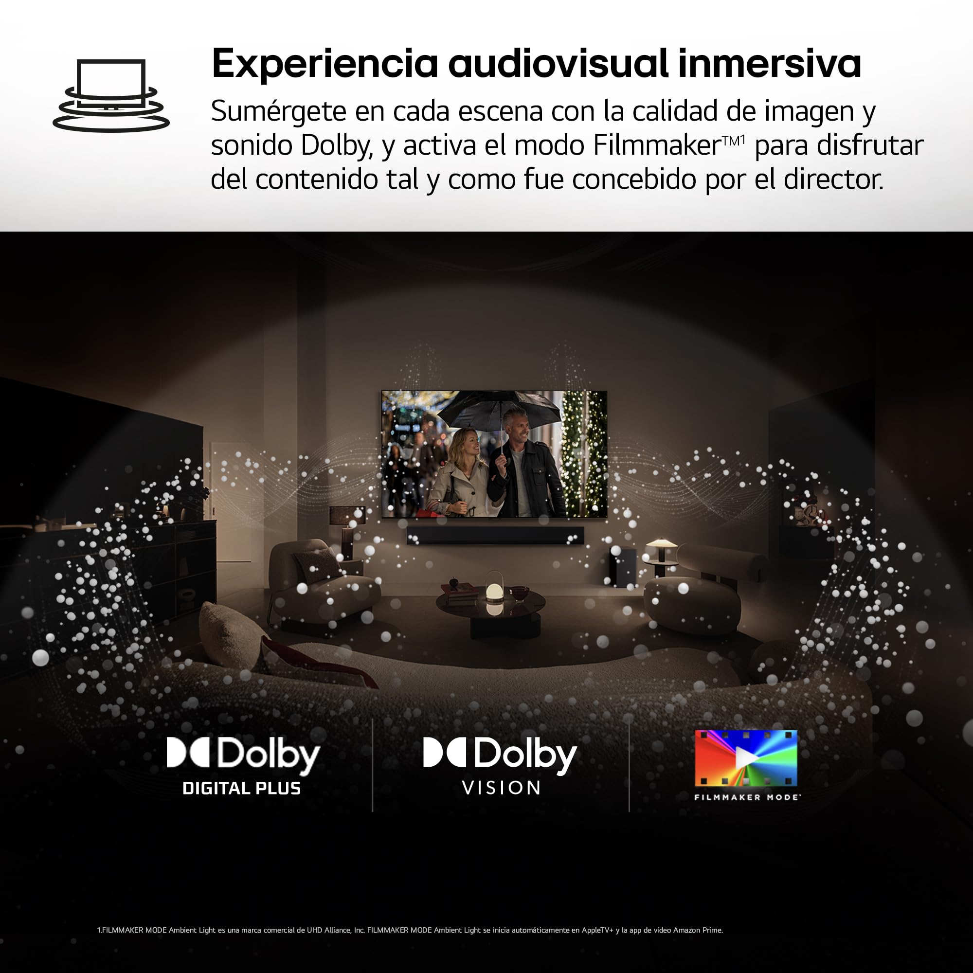 LG 55QNED85A6C en sala con Dolby Vision, Dolby Digital Plus y modo Filmmaker