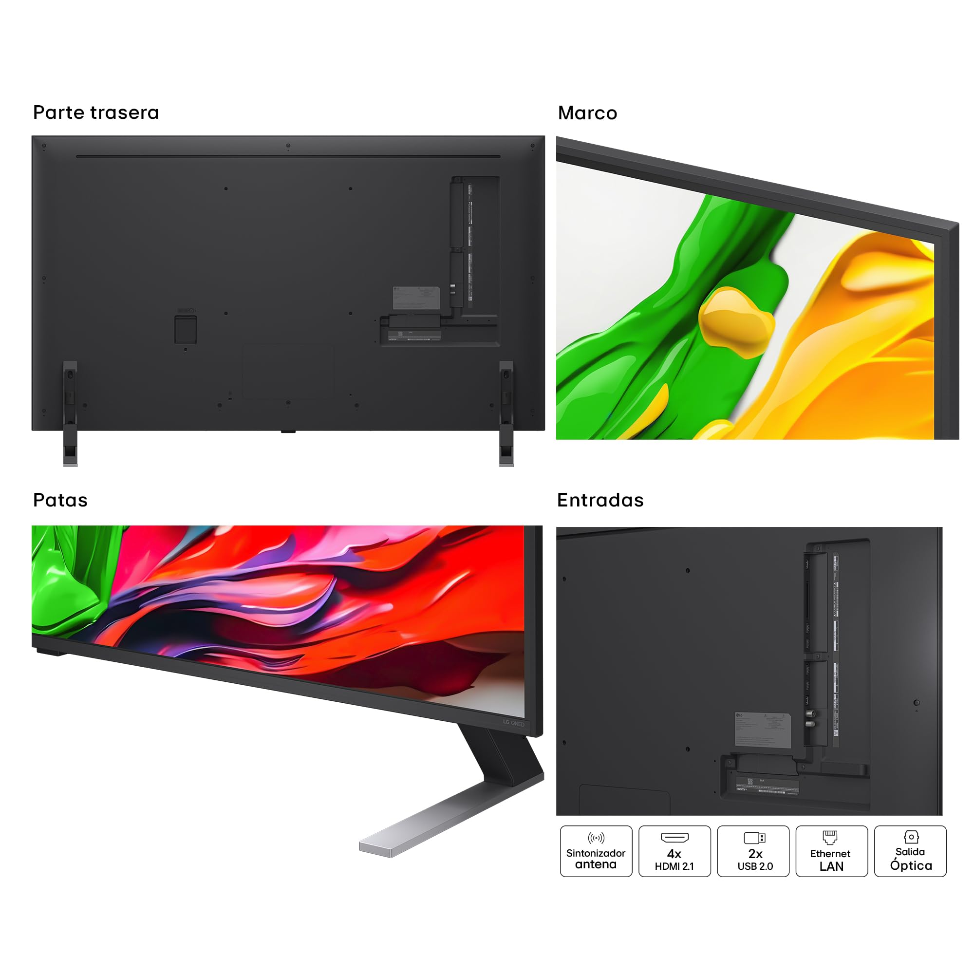 TV LG 55QNED85A6C: vistas trasera, marco, patas y entradas HDMI, USB y óptica