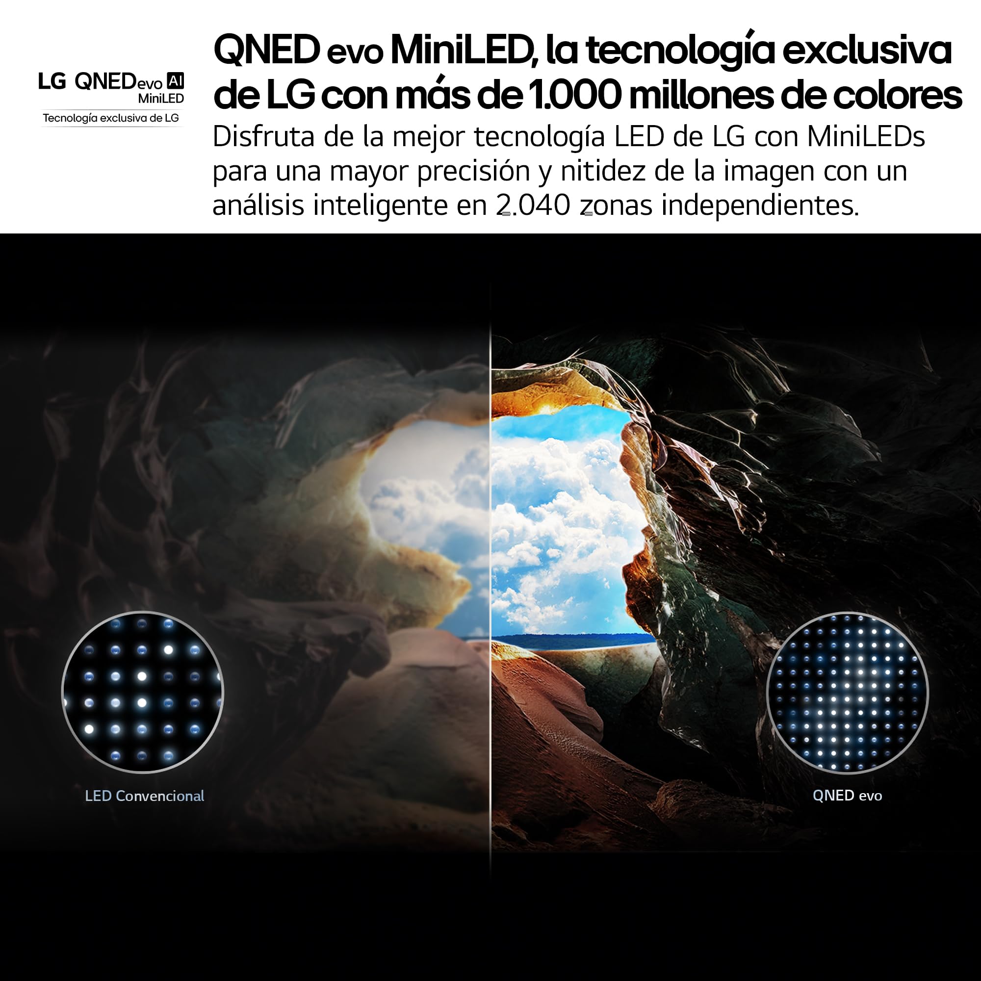 Comparativa visual LG QNED evo MiniLED frente a LED Convencional mostrando mayor brillo y detalle de color