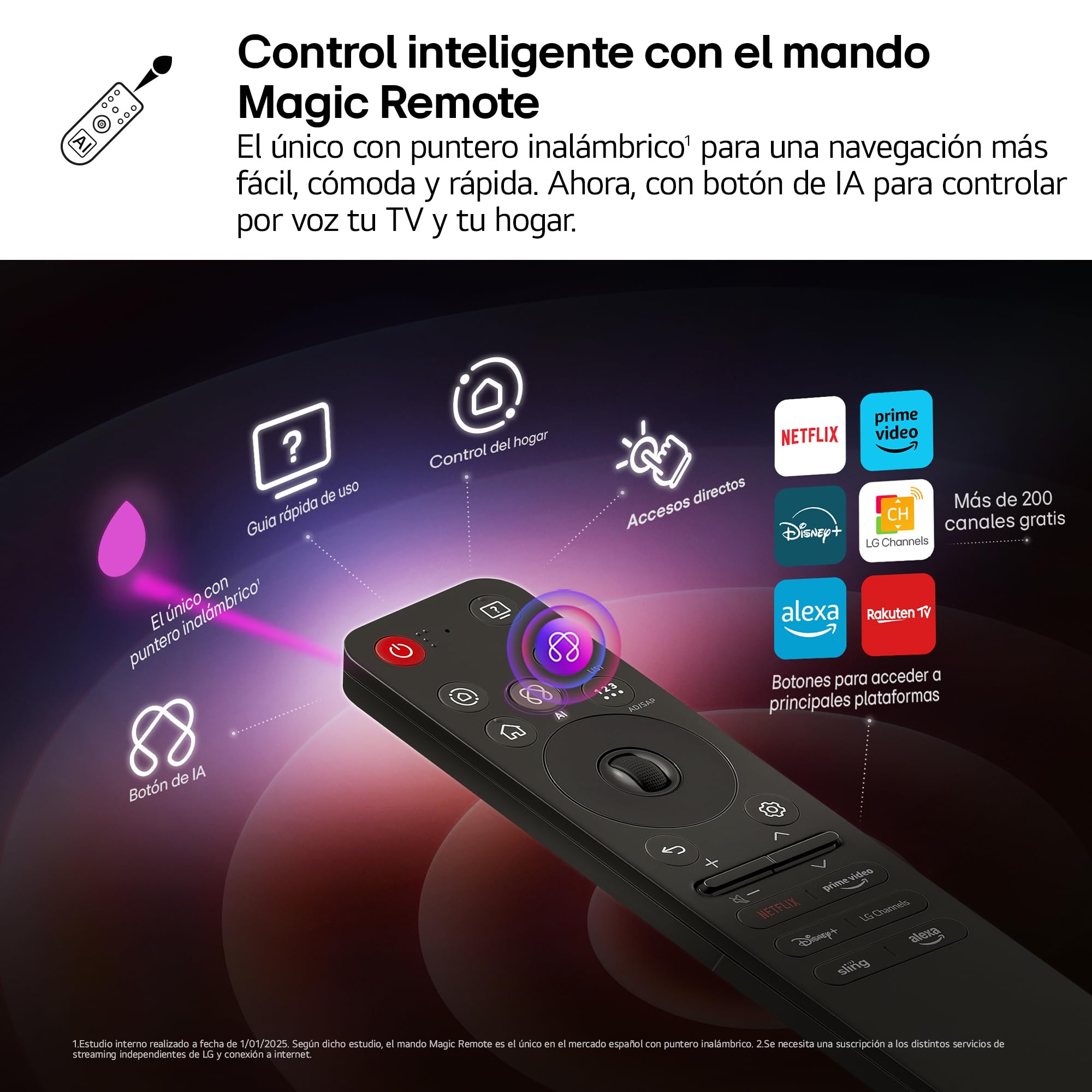 Mando LG Magic Remote con puntero inalámbrico, botón de IA y accesos directos a plataformas de streaming