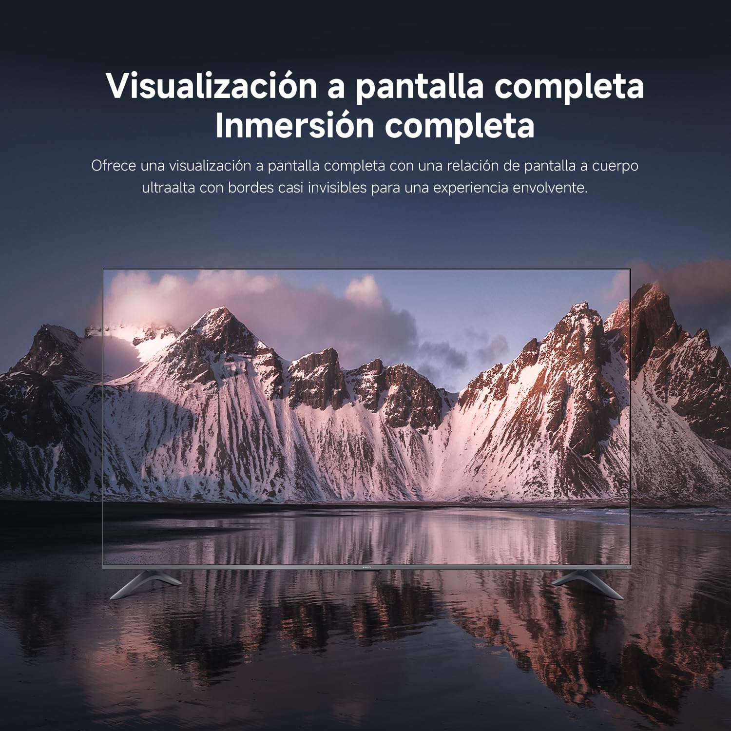 Smart TV Xiaomi 50 pulgadas 4K UHD con bordes ultrafinos mostrando paisaje de montañas nevadas