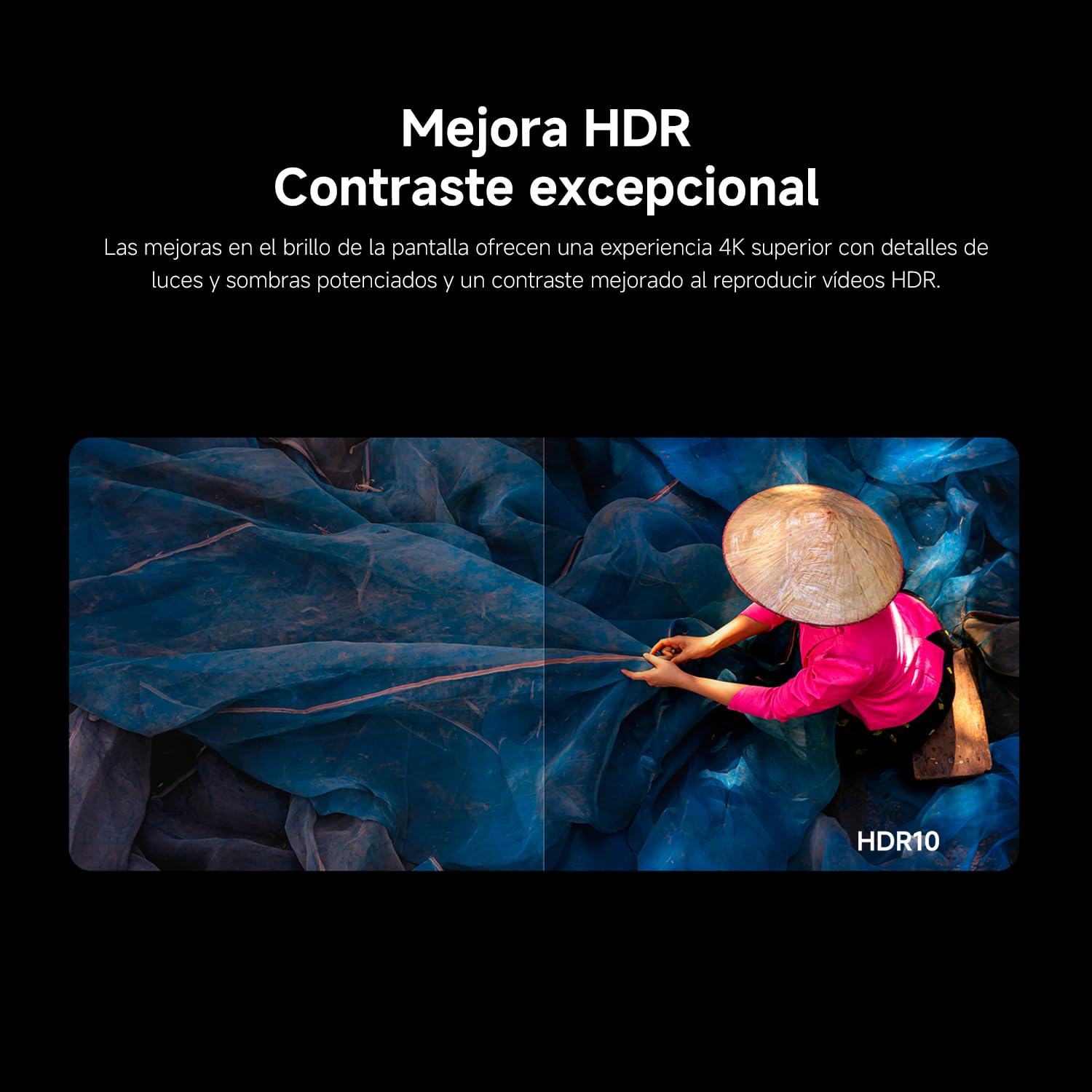 Comparación visual de la mejora HDR10 en Smart TV Xiaomi con pescador y redes azules