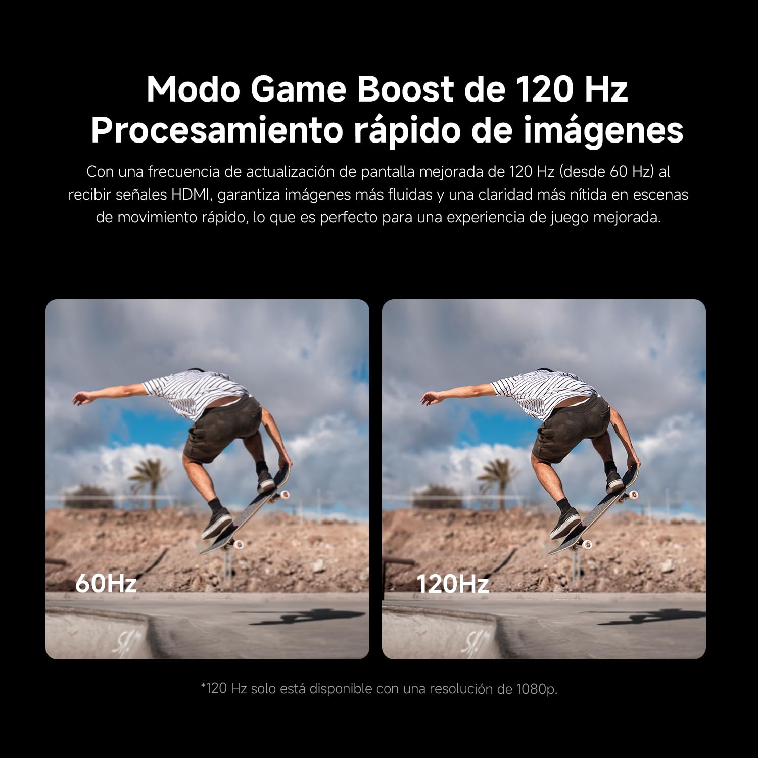 Comparativa 60Hz vs 120Hz del Modo Game Boost en Xiaomi TV F 50 con skater en movimiento
