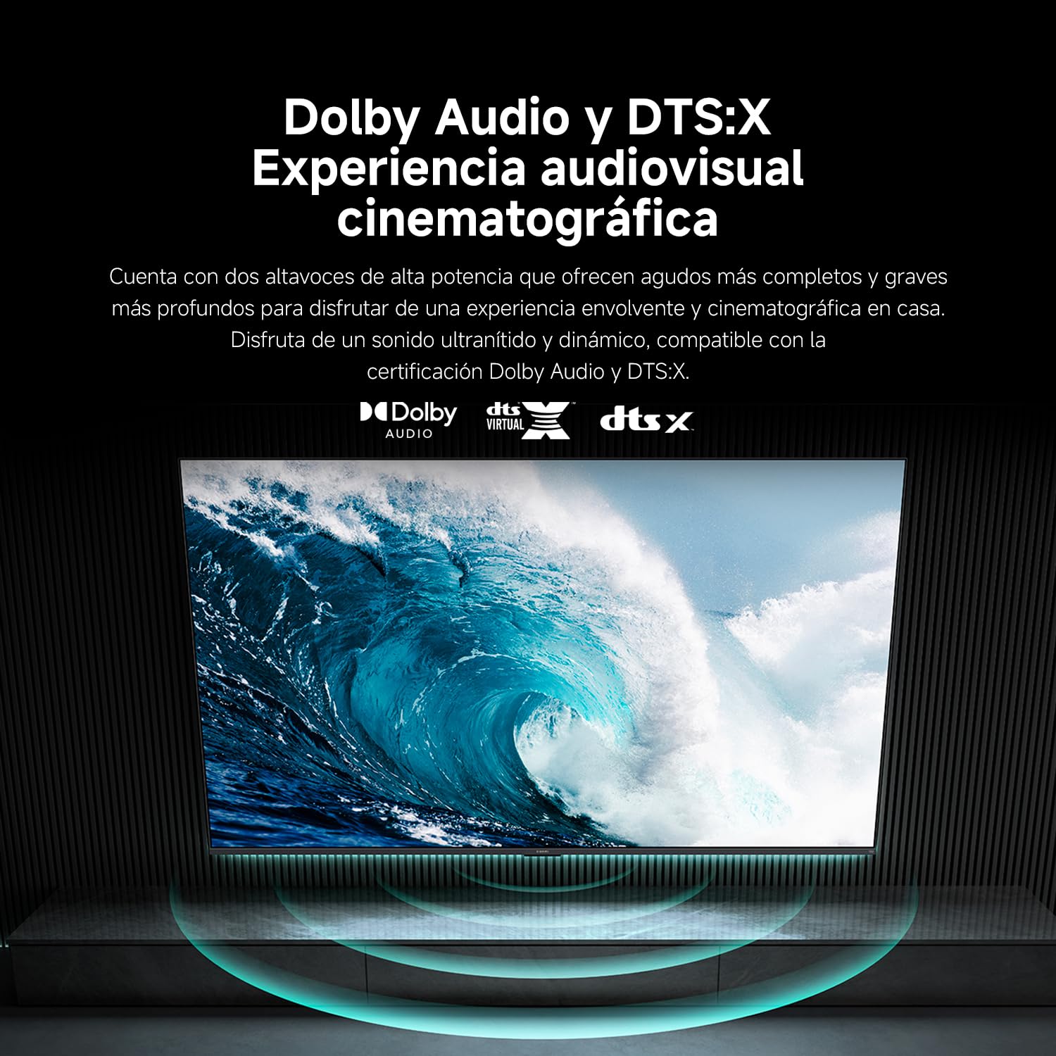 Smart TV Xiaomi 4K UHD con tecnología Dolby Audio y DTS:X mostrando ola oceánica