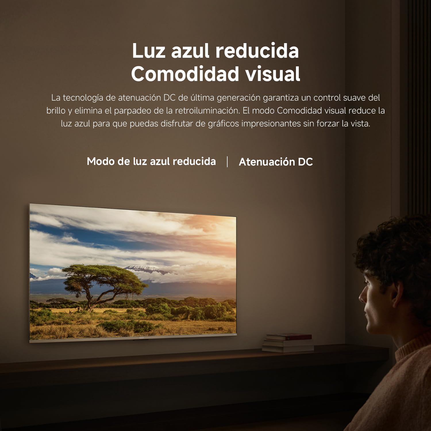 Xiaomi TV F 50 pulgadas en sala oscura mostrando paisaje de sabana con tecnología de reducción de luz azul