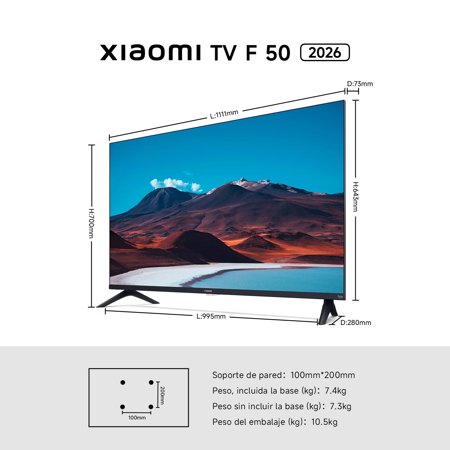 Smart TV Xiaomi TV F 50 2026 de 50 pulgadas con dimensiones técnicas, soporte VESA y especificaciones de peso