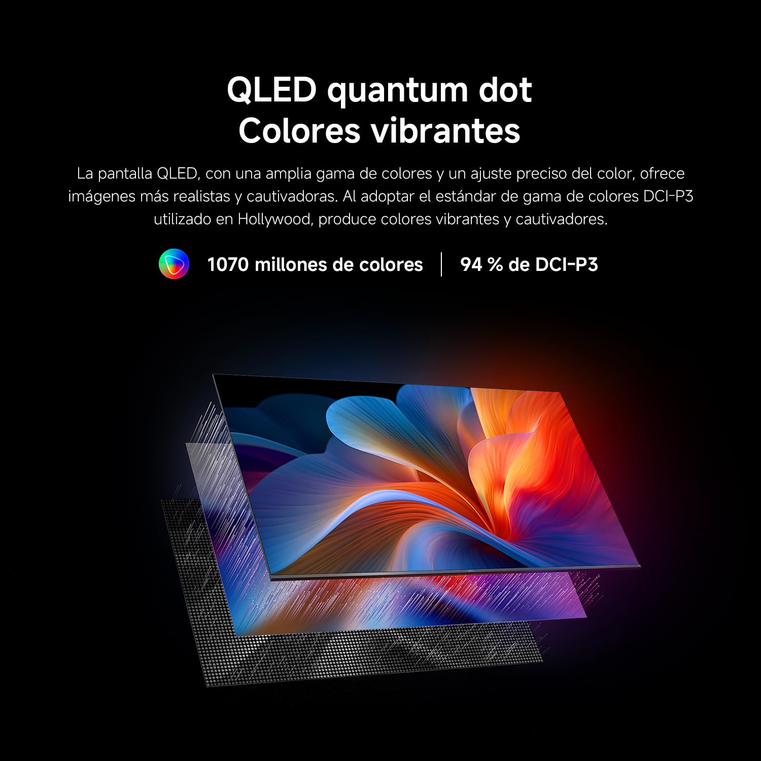 Xiaomi TV F Pro 43 con tecnología QLED quantum dot y colores vibrantes en pantalla.