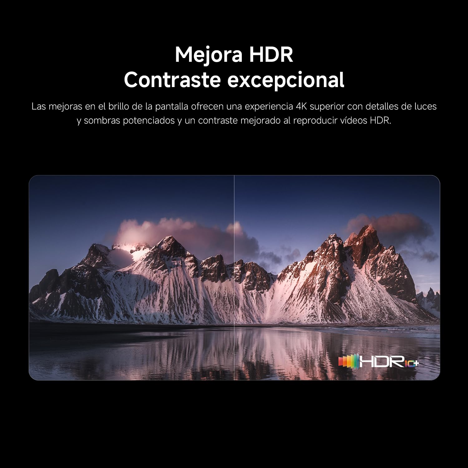 Comparación visual HDR 10+ del Xiaomi TV F Pro mostrando montañas nevadas con contraste excepcional.