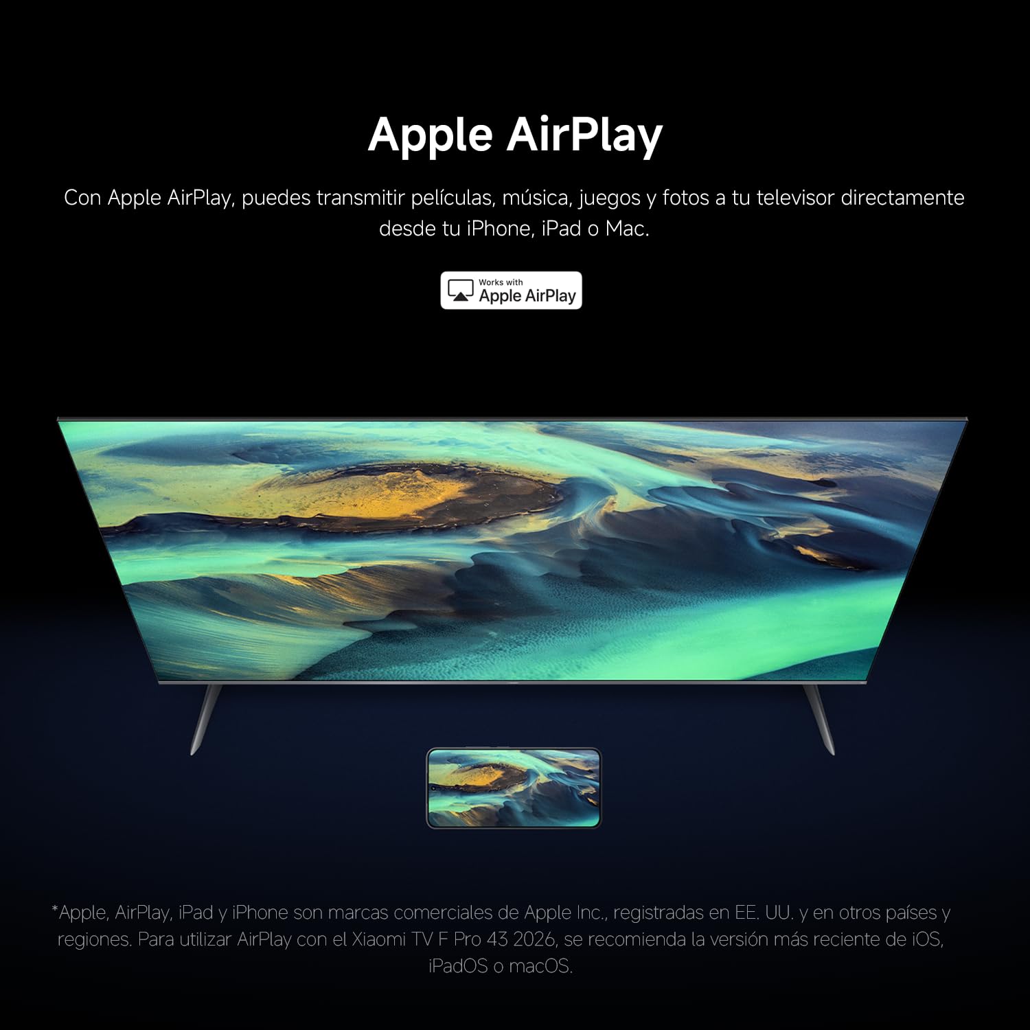 Xiaomi TV F Pro 43 con pantalla QLED 4K mostrando imagen fluvial, compatible con Apple AirPlay desde iPhone.