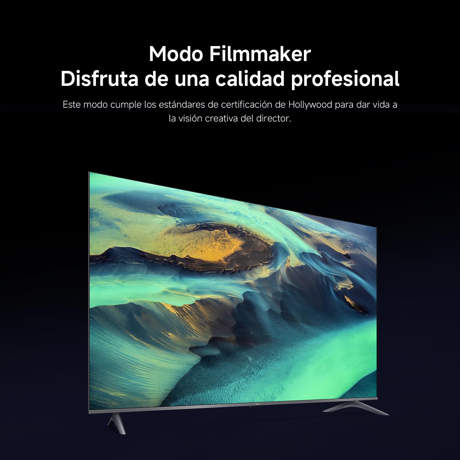 Smart TV Xiaomi QLED 4K de 43 pulgadas mostrando paisaje colorido en Modo Filmmaker sobre fondo negro