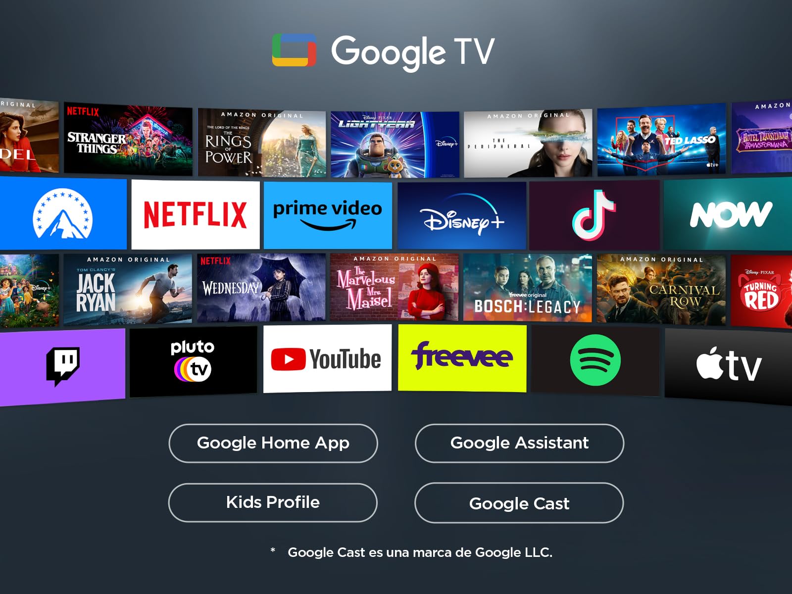 Interfaz de Google TV en TCL con aplicaciones de streaming y funciones inteligentes como Google Assistant y Chromecast