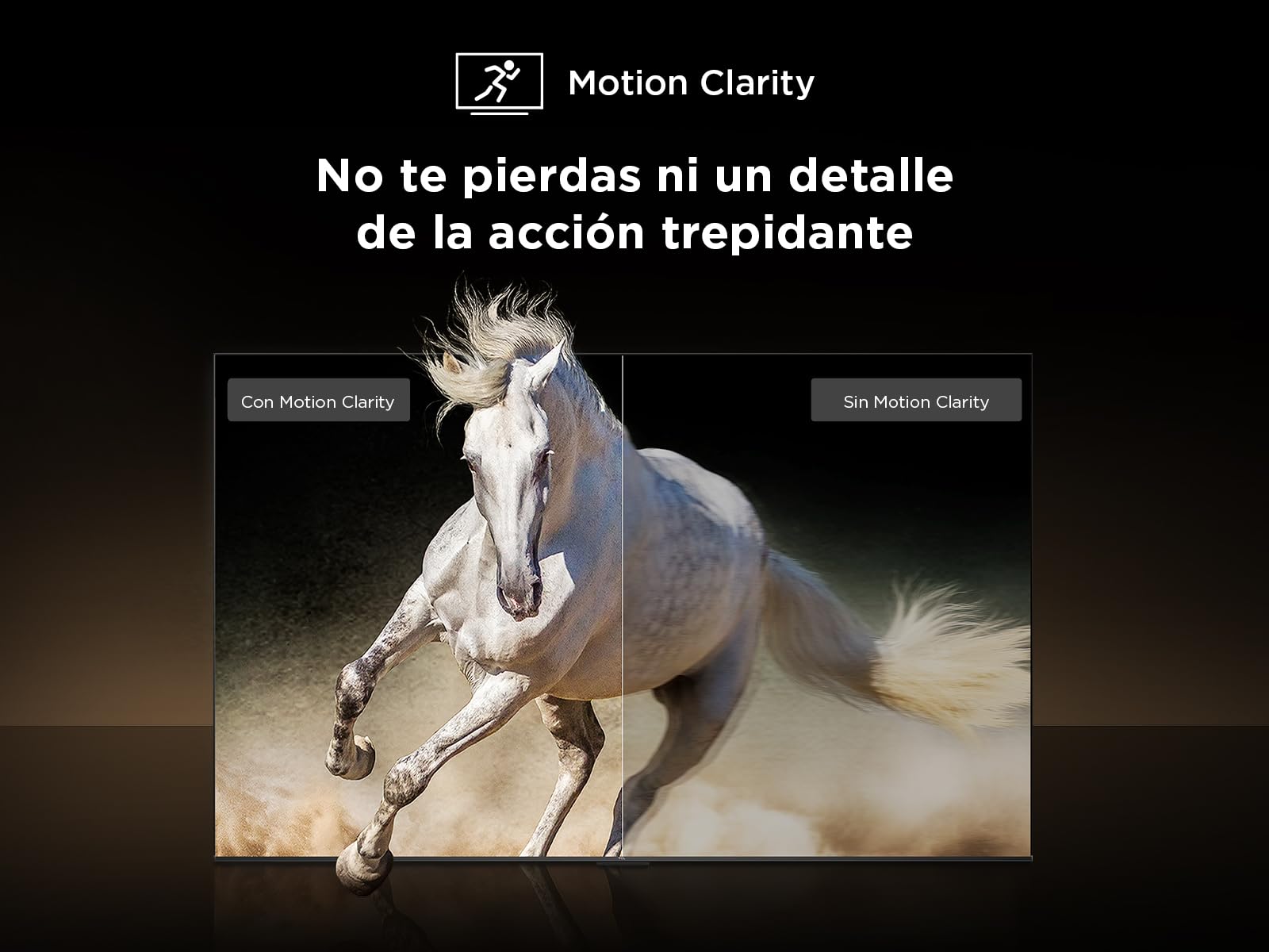 Televisor TCL mostrando tecnología Motion Clarity con comparación de caballo en movimiento nítido y desenfocado