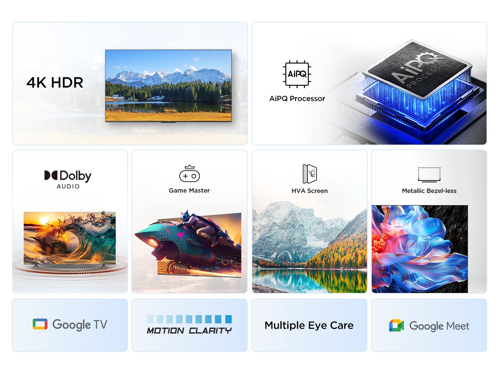 Infografía de características del Smart TV TCL 43V6C con 4K HDR, Dolby Audio, Google TV y Procesador AiPQ