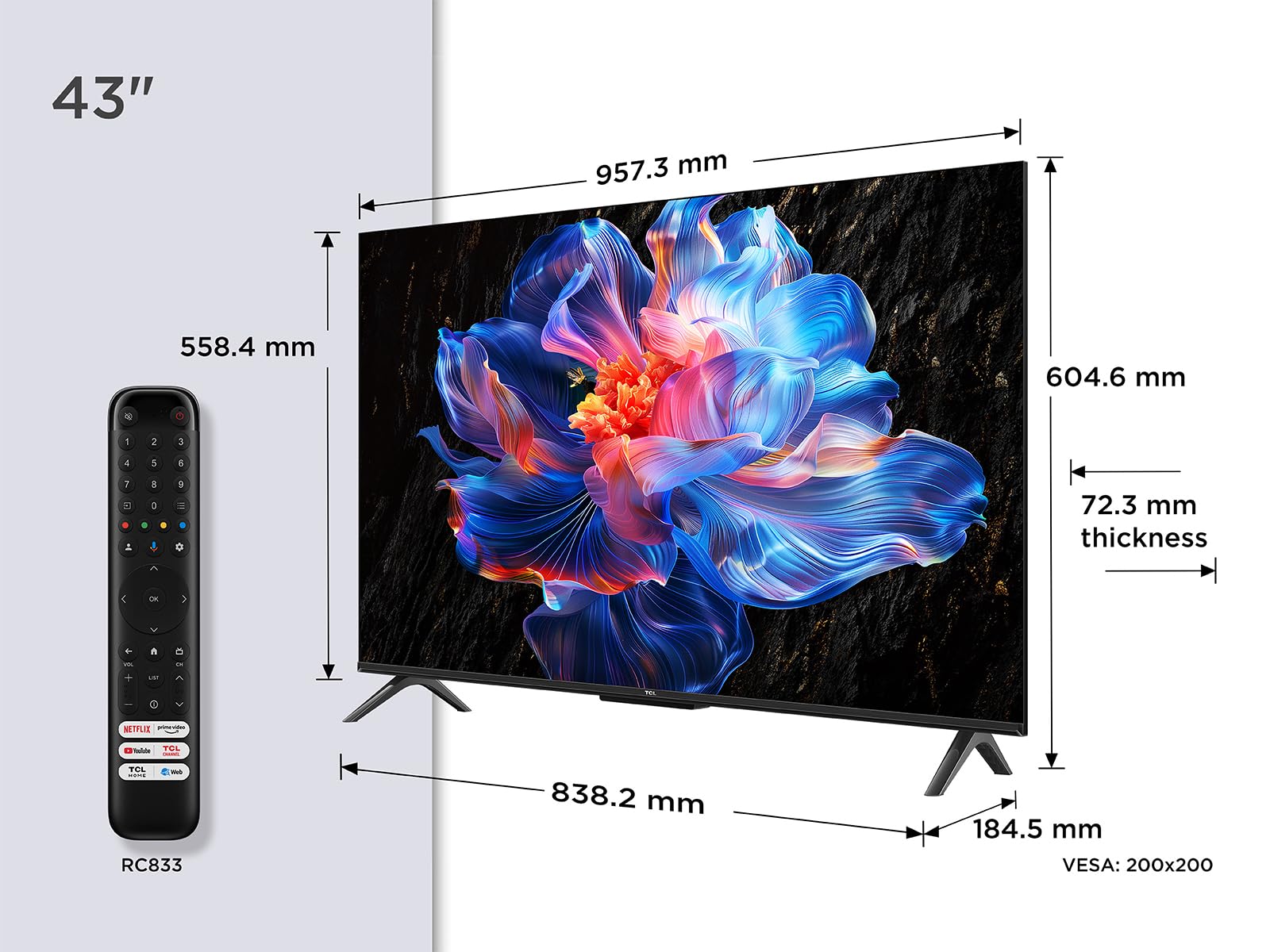 Televisor TCL 43 pulgadas 4K Smart TV con control remoto y medidas técnicas