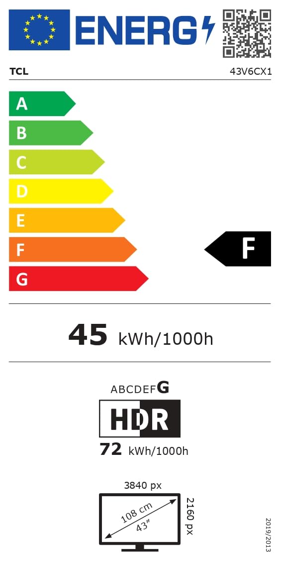 Etiqueta energética UE del Smart TV TCL 43V6CX1 con clasificación F, 45 kWh/1000h y pantalla 4K de 43 pulgadas