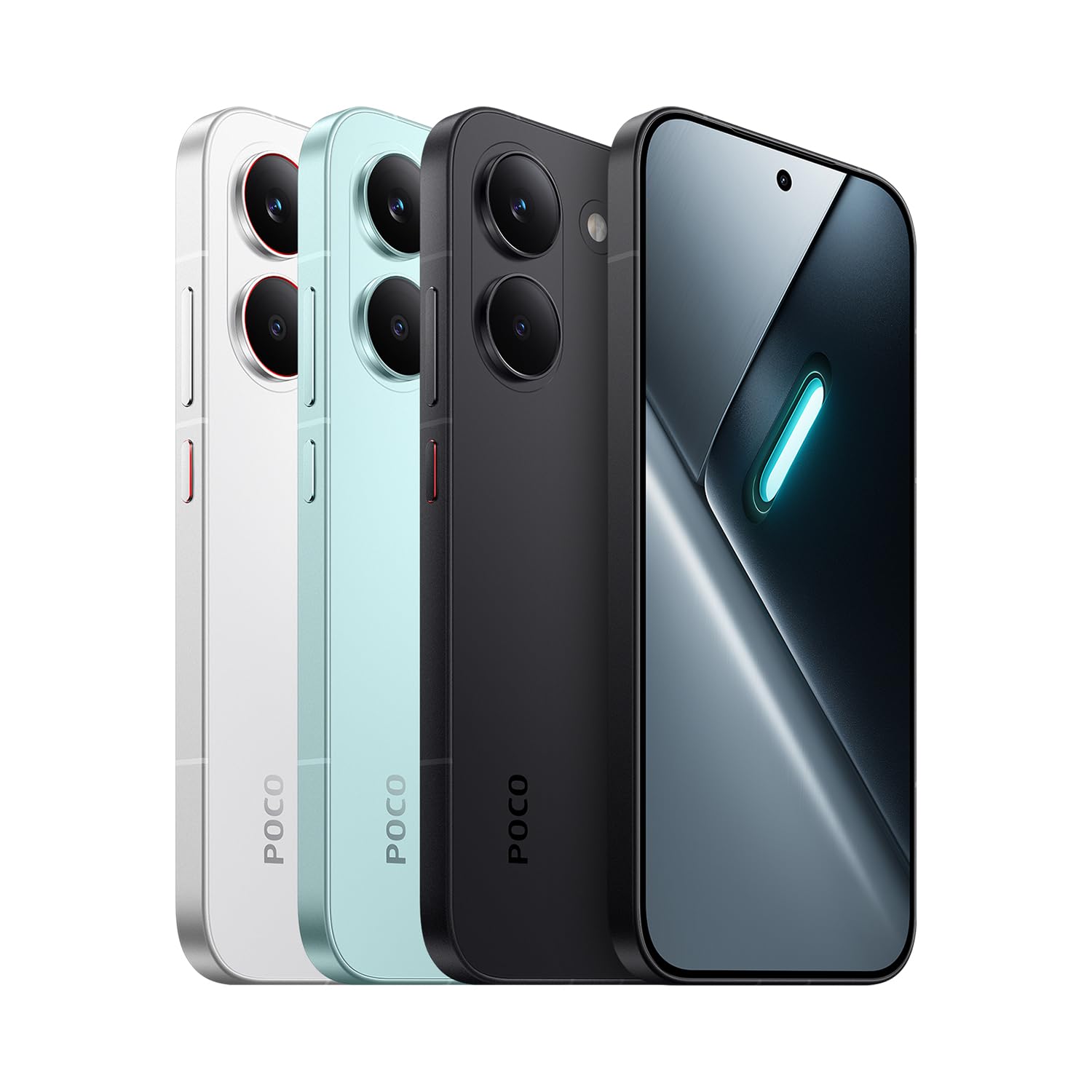 Smartphone Xiaomi POCO X8 Pro en colores plateado, verde menta y negro, vista trasera y frontal.