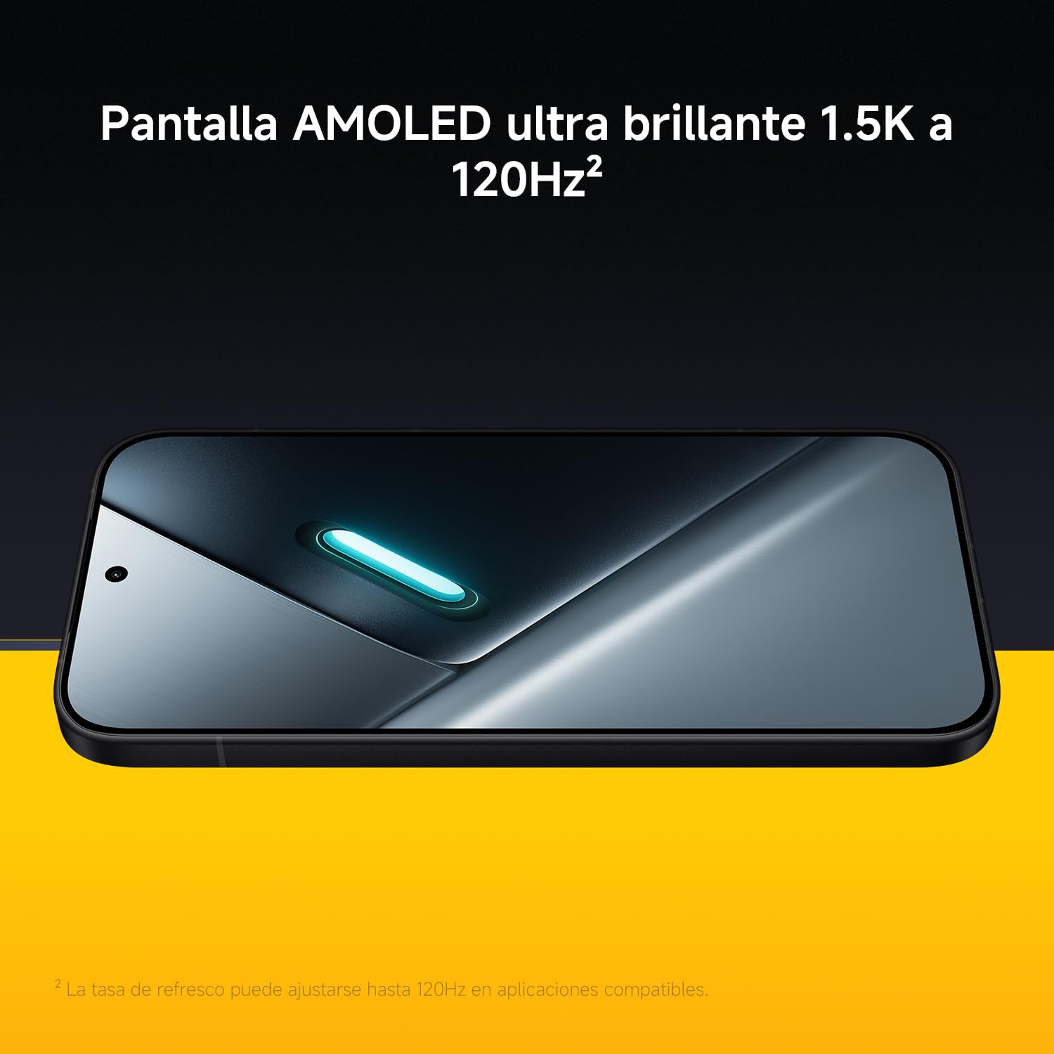 Pantalla AMOLED 1.5K 120Hz del smartphone Xiaomi POCO X8 Pro en color negro sobre fondo amarillo y negro.