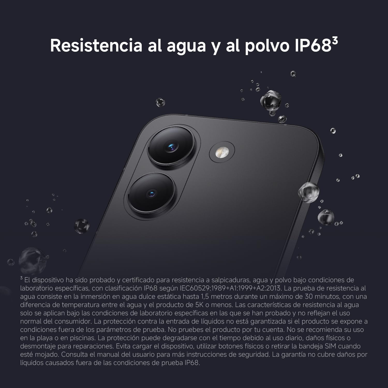 Xiaomi POCO X8 Pro negro con doble cámara trasera y certificación IP68 rodeado de gotas de agua.