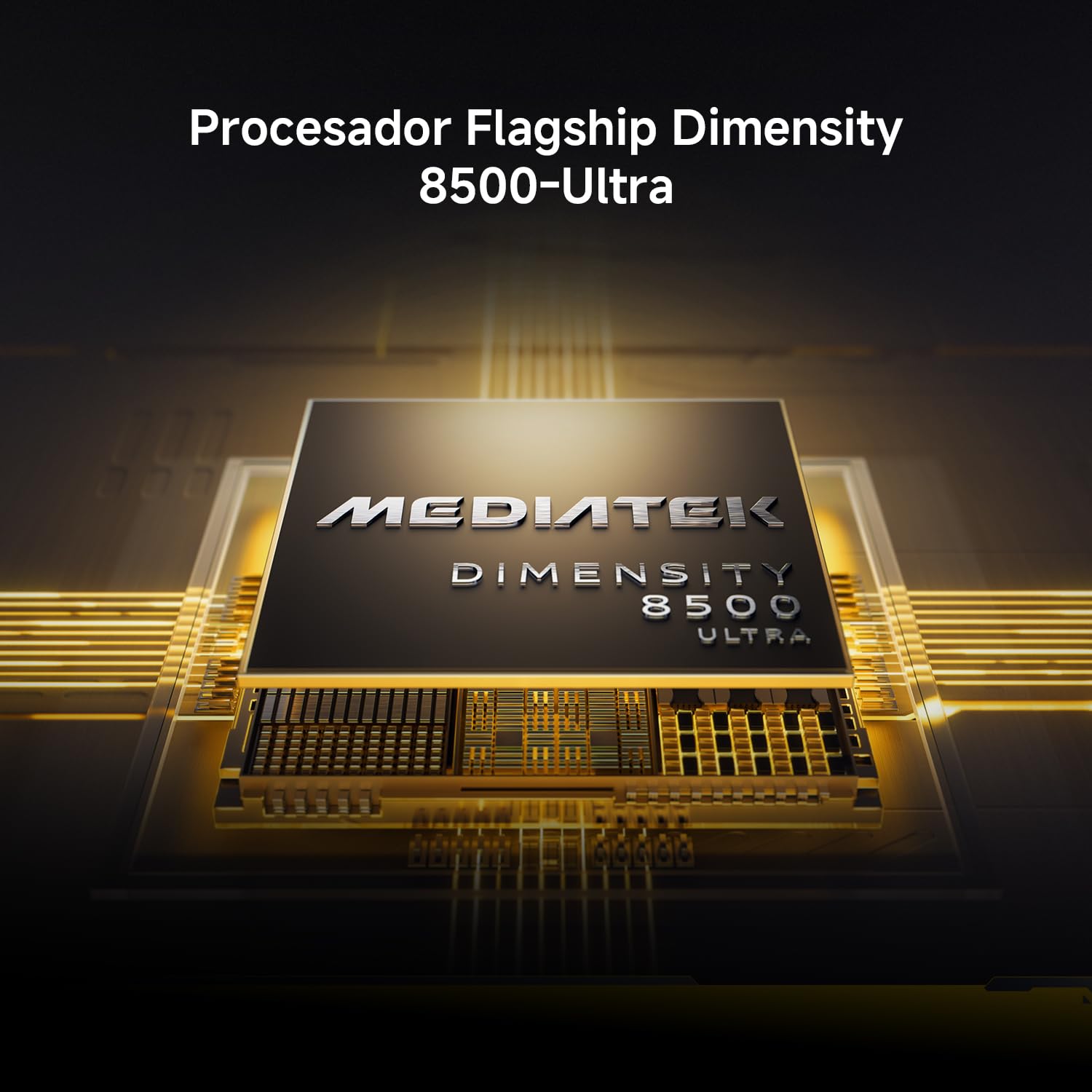 Procesador MediaTek Dimensity 8500-Ultra del Xiaomi POCO X8 Pro con iluminación dorada.
