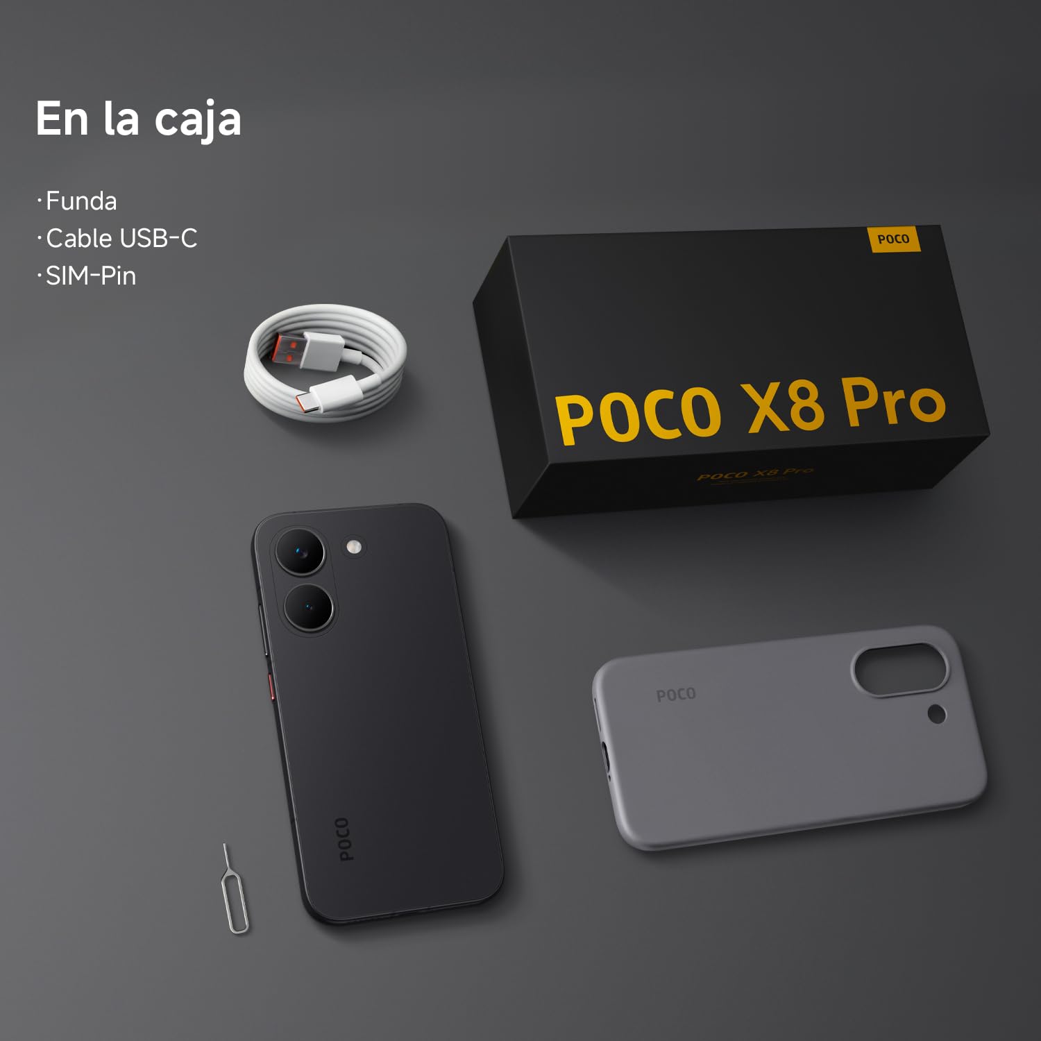 Contenido de la caja del smartphone POCO X8 Pro negro con cable USB-C, funda y SIM pin.