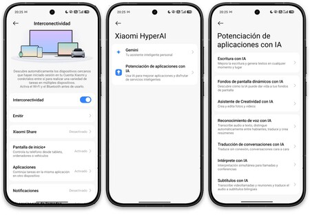 Capturas de pantalla del menú Ajustes de un Xiaomi mostrando las funciones de Xiaomi HyperAI.