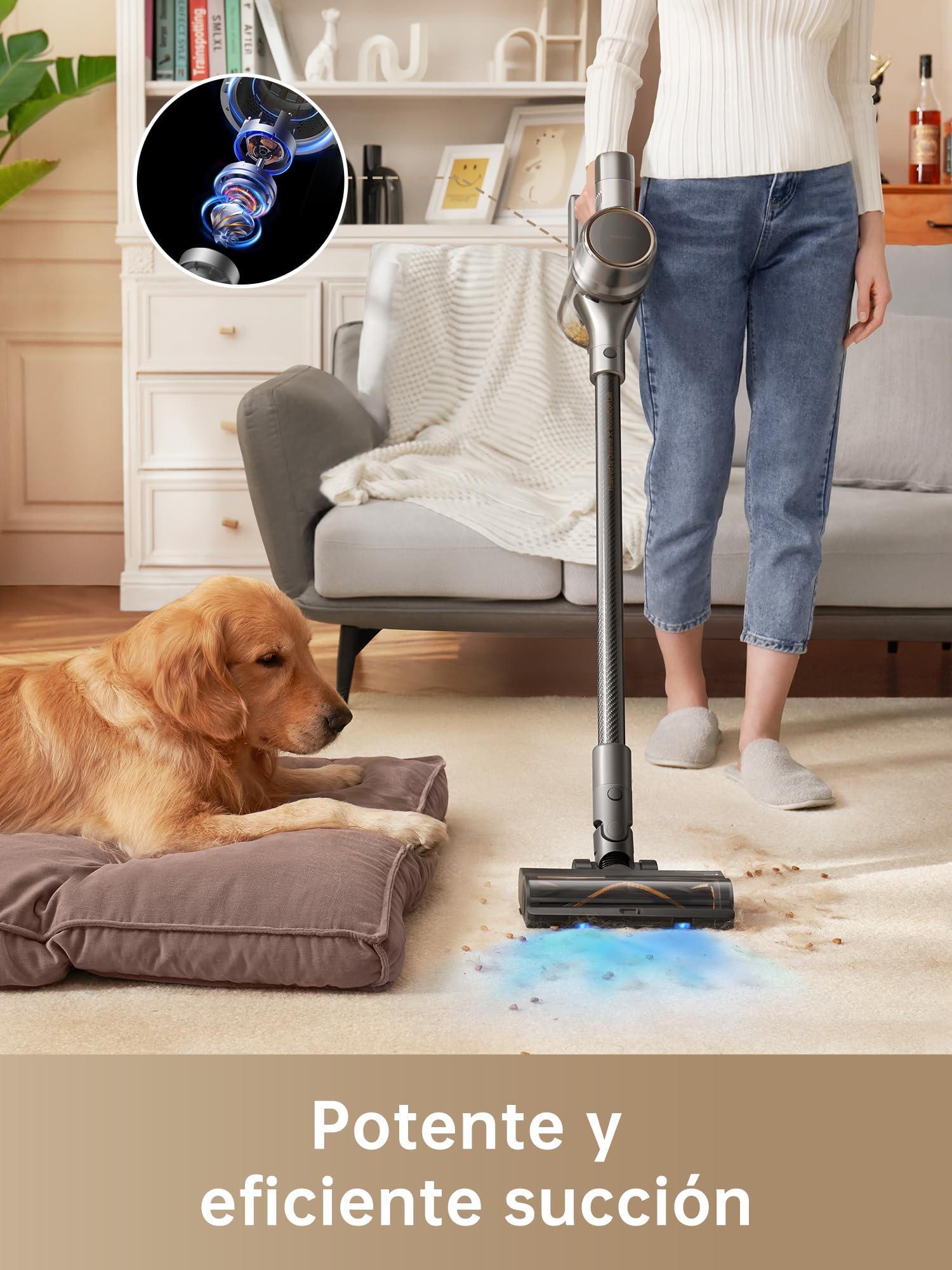 Dreame R20 aspirador inalámbrico con luces LED azules limpiando alfombra junto a un golden retriever