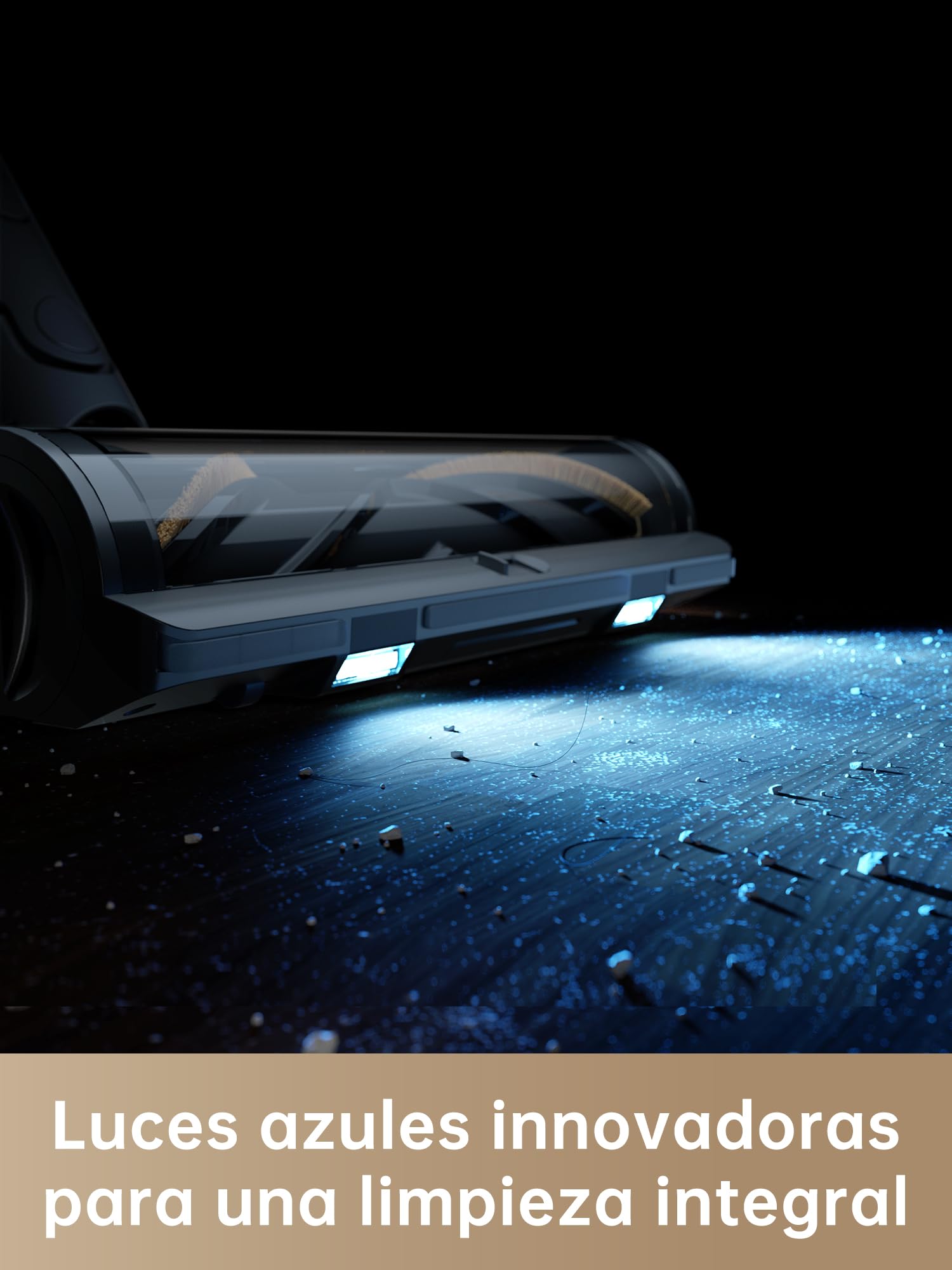 Cabezal de aspiradora Dreame R20 con luces LED azules iluminando polvo en superficie oscura