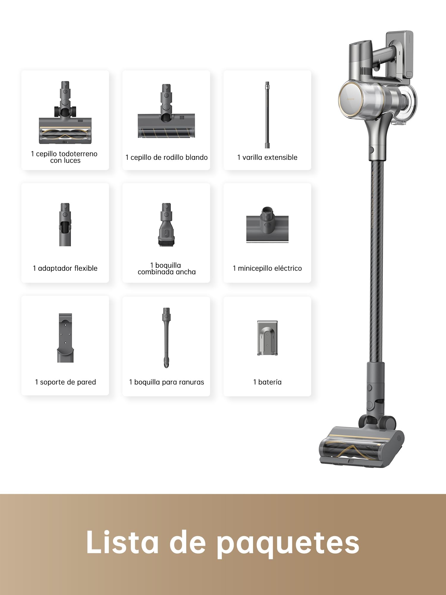 Aspirador inalámbrico DREAME R20 gris con todos sus accesorios y lista de paquetes