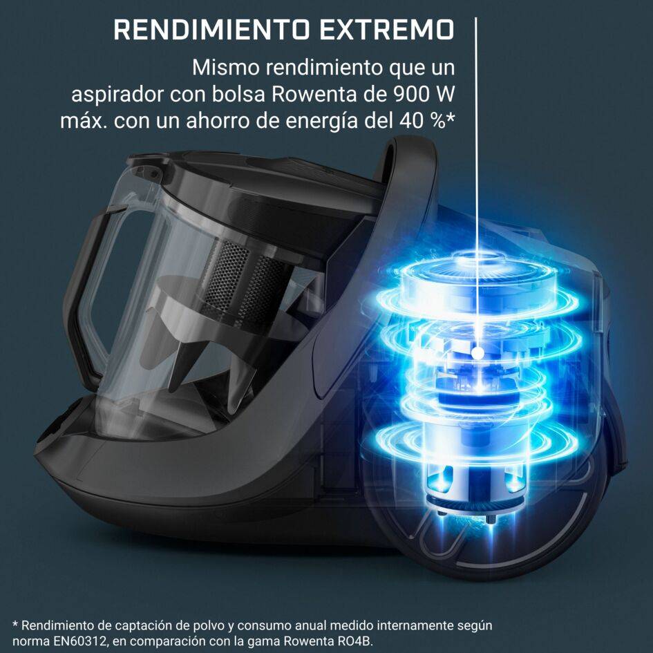 Depósito transparente de aspirador Rowenta sin bolsa con motor interno iluminado en azul mostrando tecnología ciclónica.
