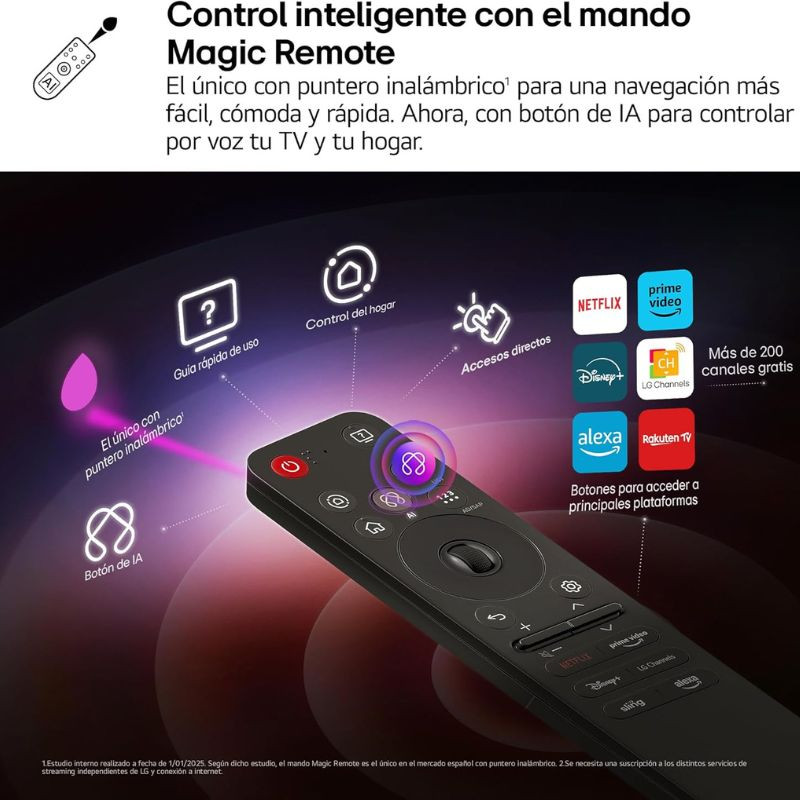 Mando LG Magic Remote con puntero inalámbrico, botón de IA y accesos directos a plataformas de streaming.