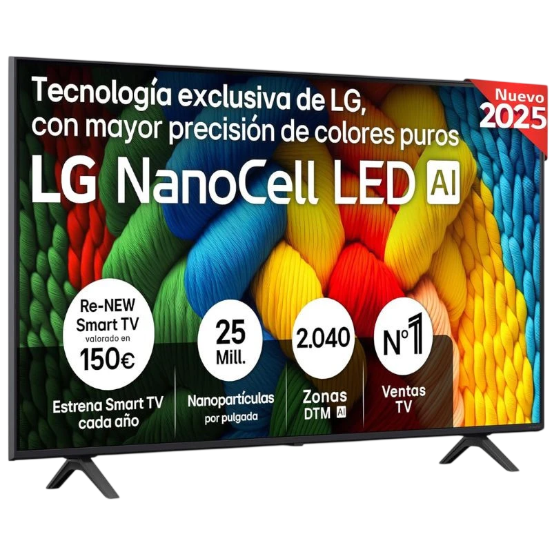 LG NanoCell LED AI 2025 Smart TV mostrando colores vibrantes con características técnicas destacadas.
