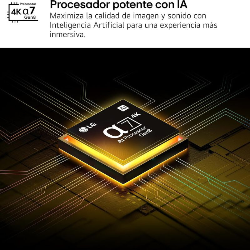 Procesador LG α7 Gen8 AI 4K sobre placa de circuito con iluminación dorada y texto promocional.