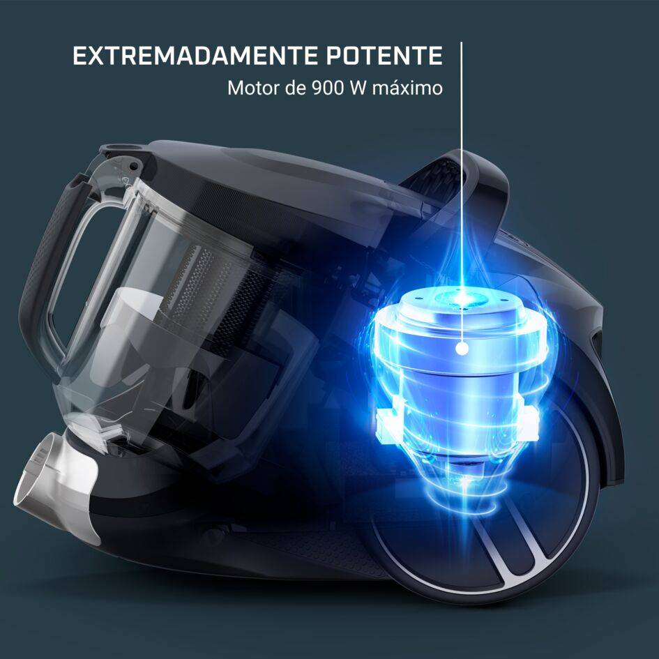 Aspirador con motor potente de 900 W en vista translúcida