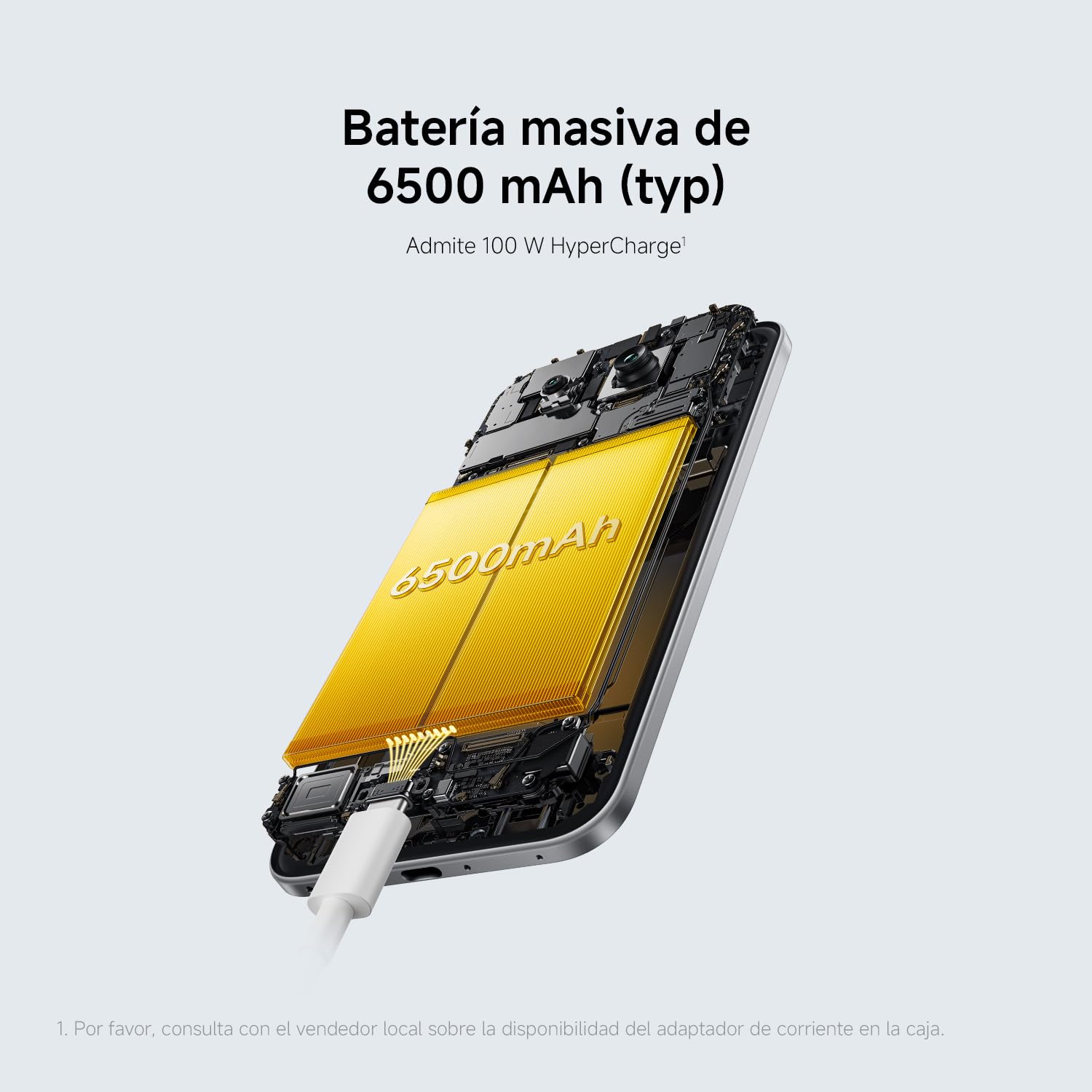Xiaomi POCO M8 Pro 5G plata con vista interna de batería de 6500 mAh y carga rápida de 100W